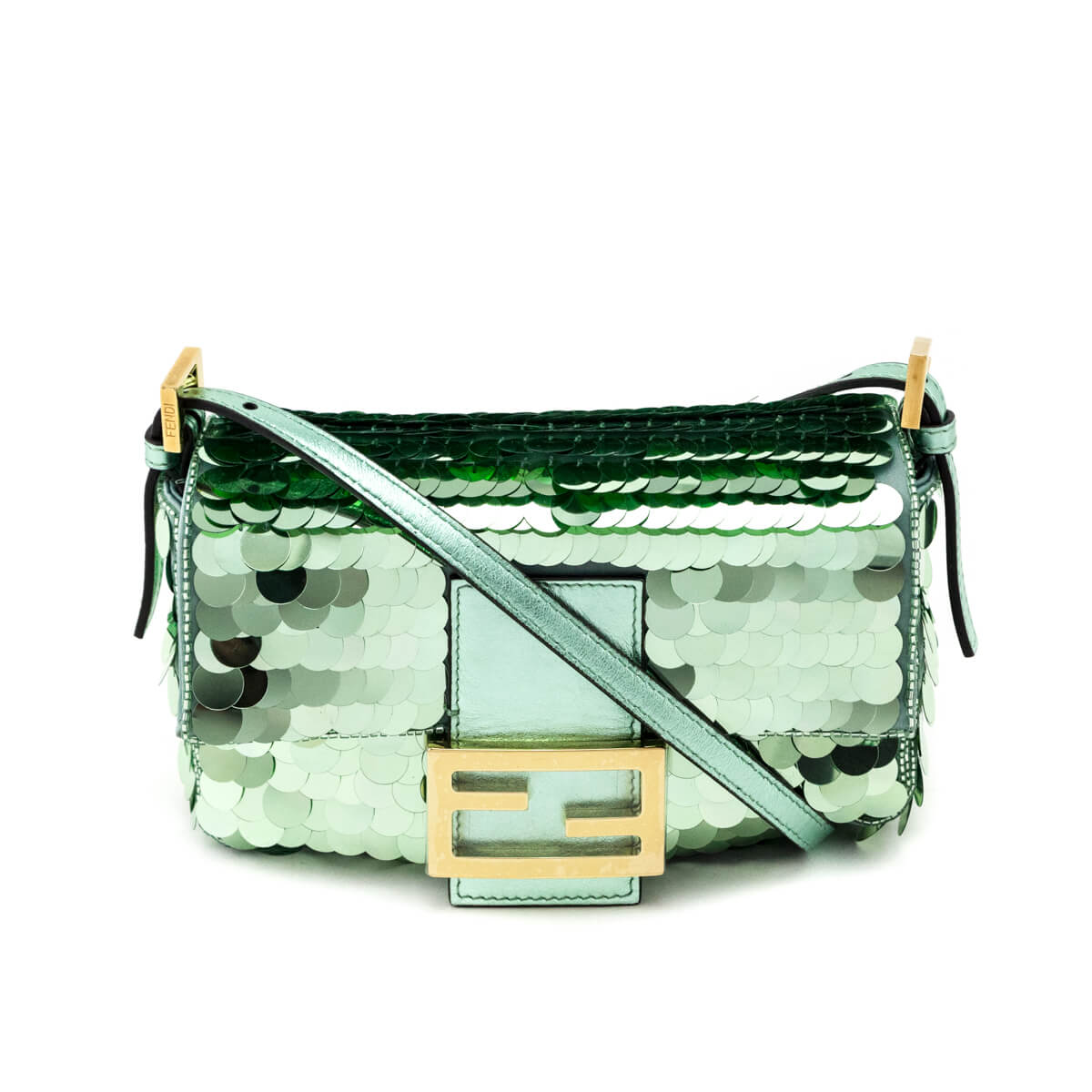 Fendi Handbag Light Sequin Paillettes Shiny Nappa Baguette Satin Green Mini Clutch Bag