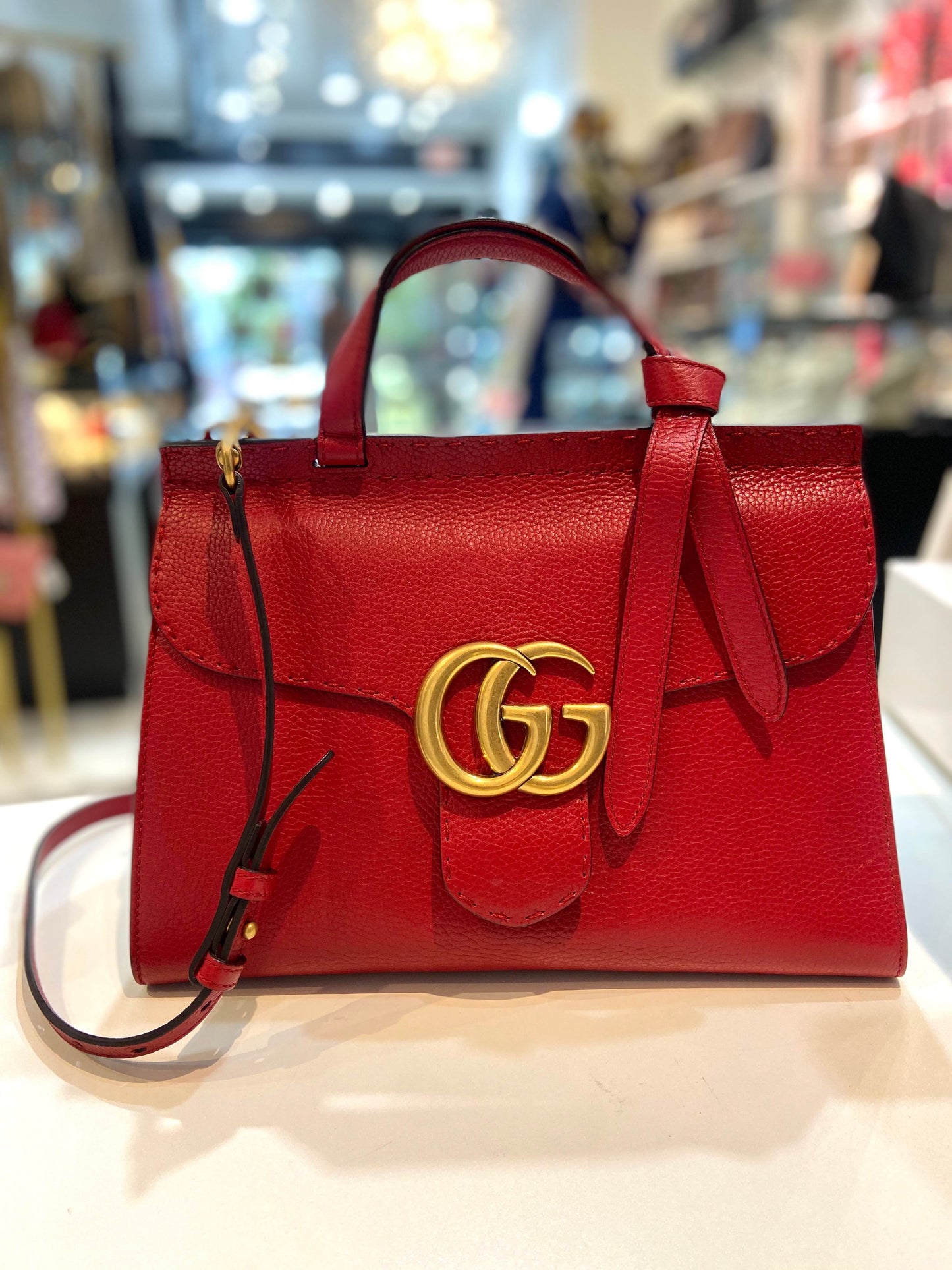 Gucci PEBBLED MARMONT Leather Red Top Handle Travel Bag