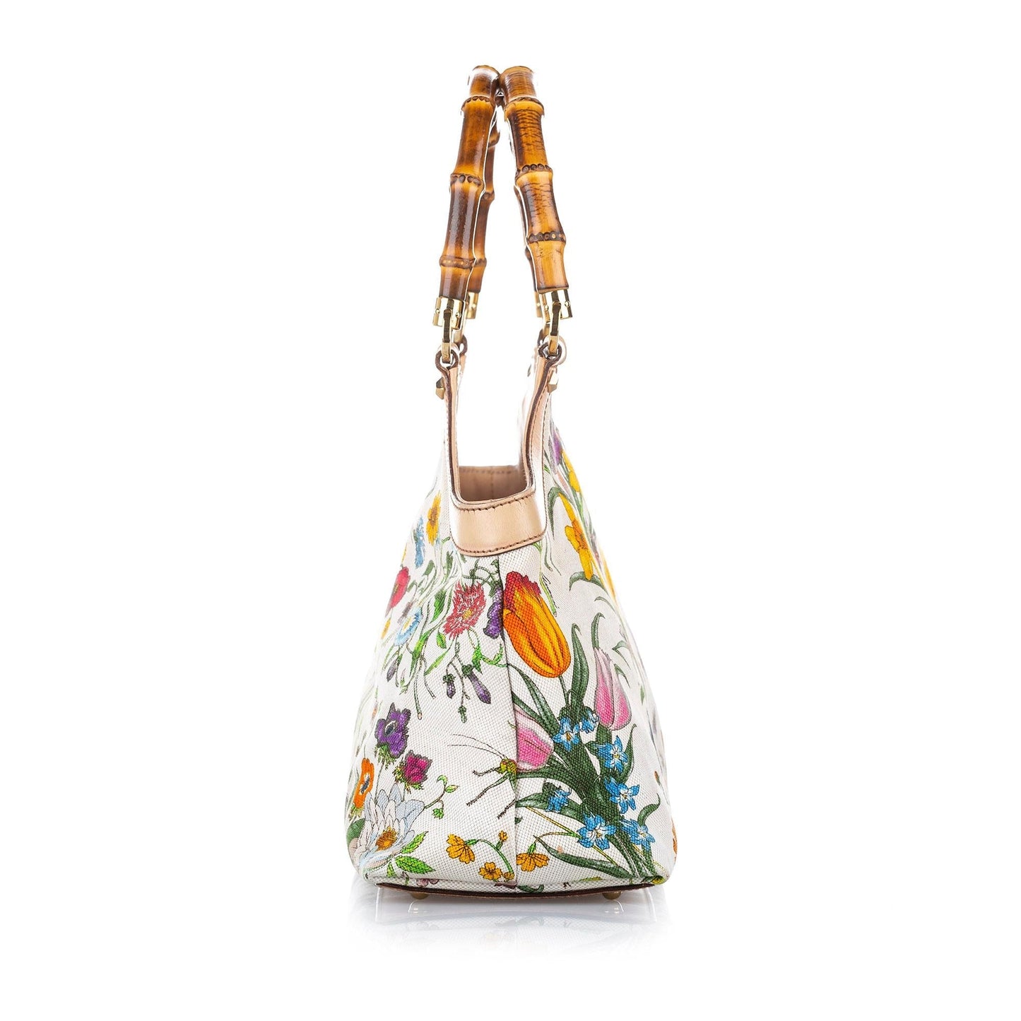 Gucci Bamboo Flora SHG Canvas White Brown Satchel Bag