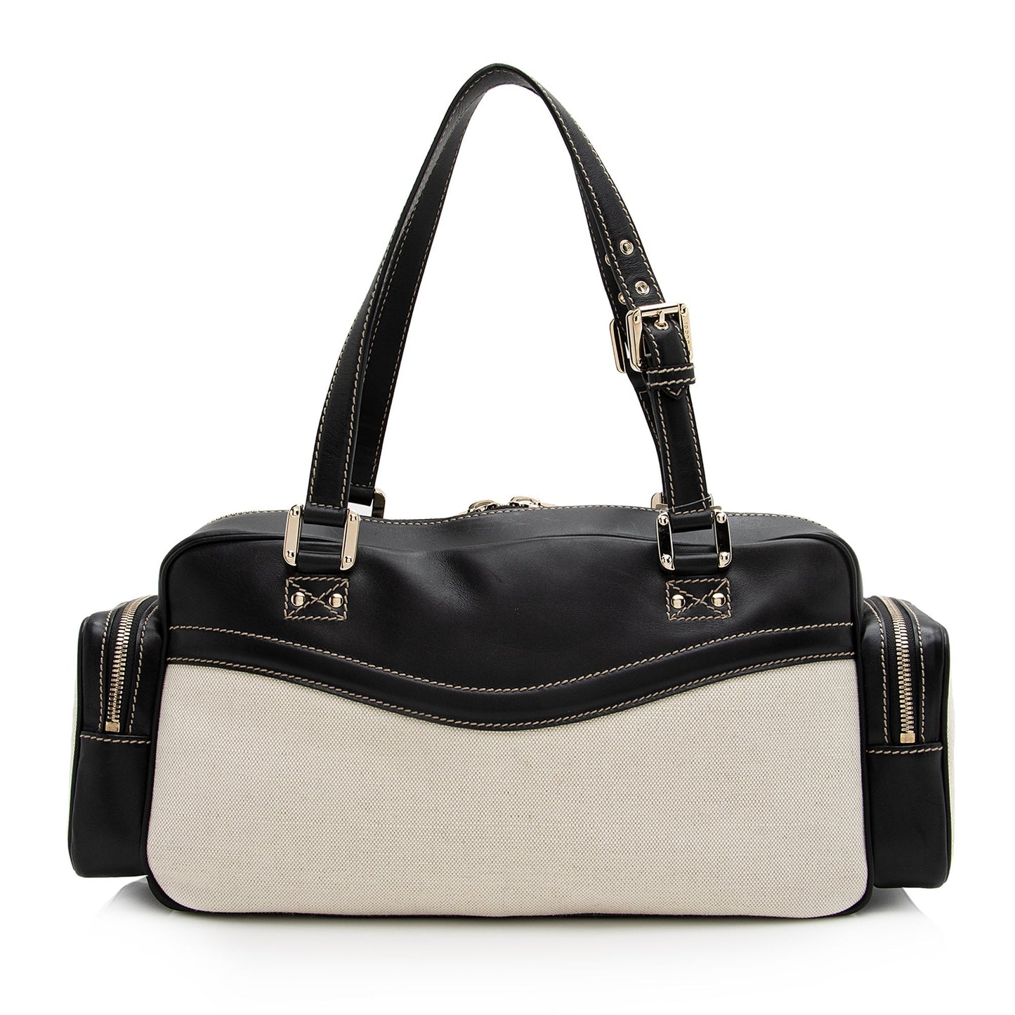Gucci East West Multi-Pocket SHF Leather Canvas Black Beige Satchel Bag