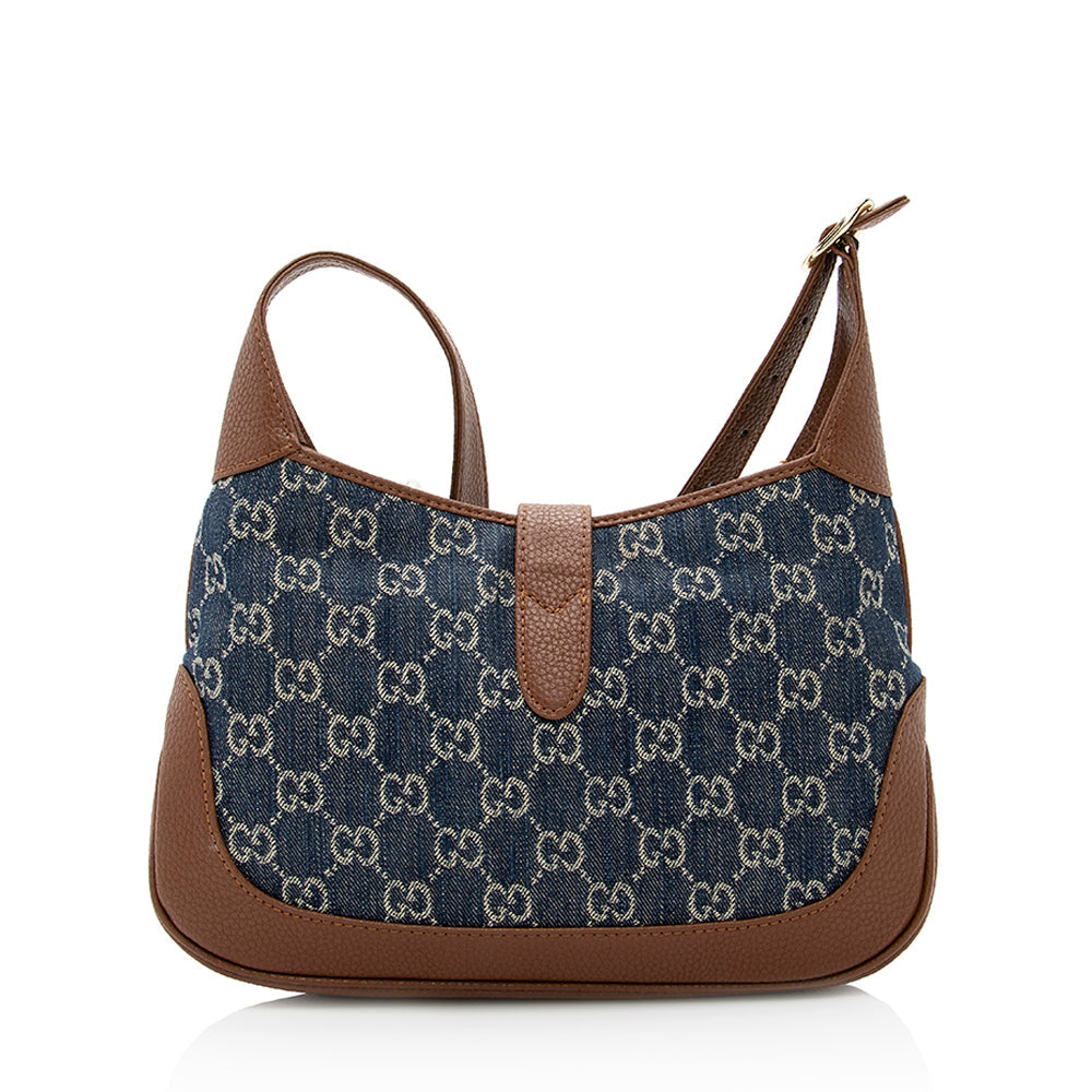 Gucci GG Jackie SHF Leather Denim Brown Blue Crossbody Bag