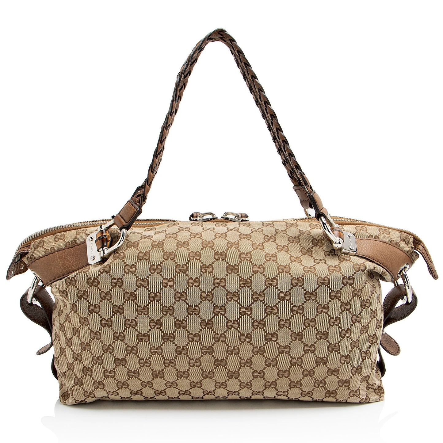 Gucci GG Bamboo Bar Leather Canvas Brown Medium Tote Bag