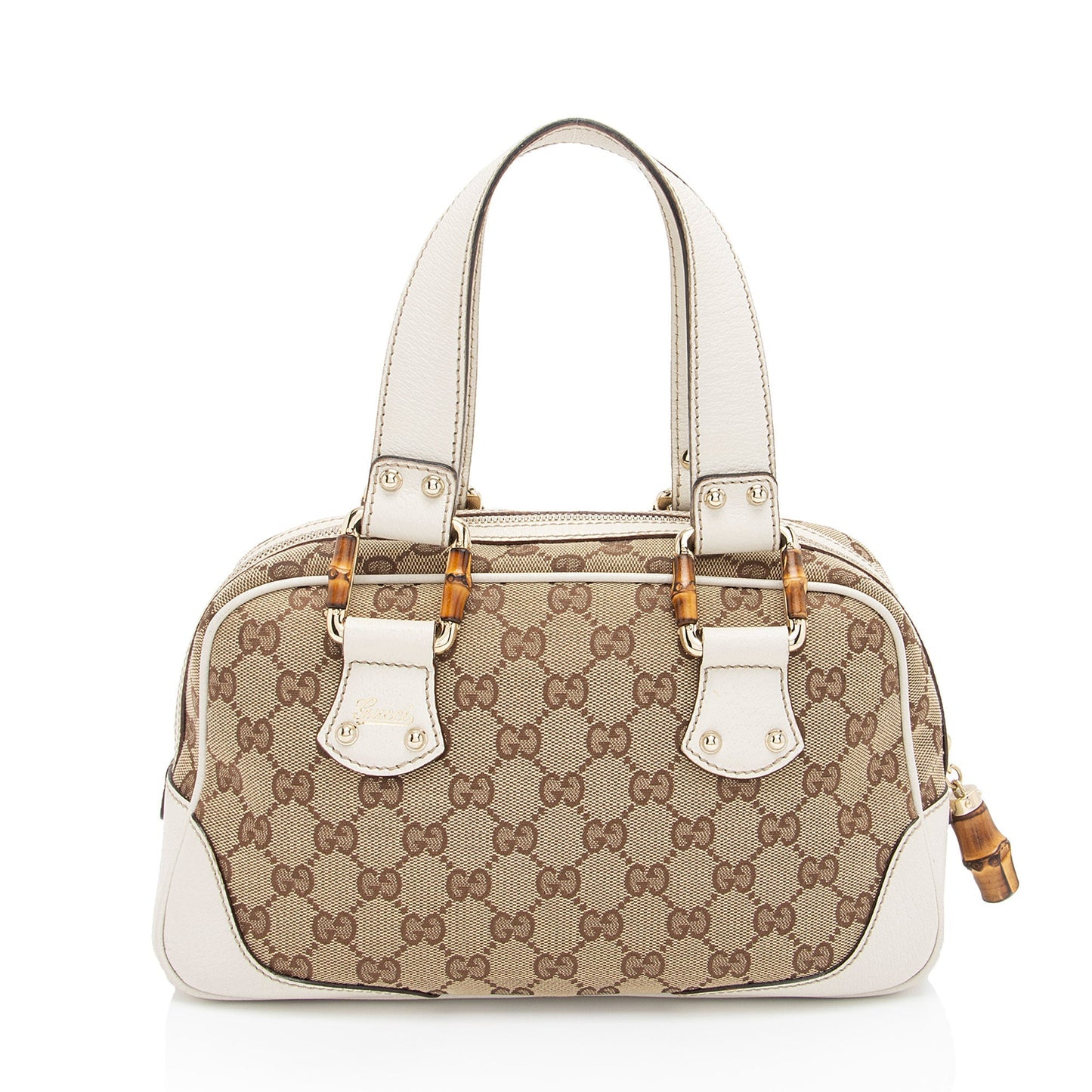 Gucci GG Bamboo SHF-yKtYU5 Leather Canvas White Beige Satchel Bag