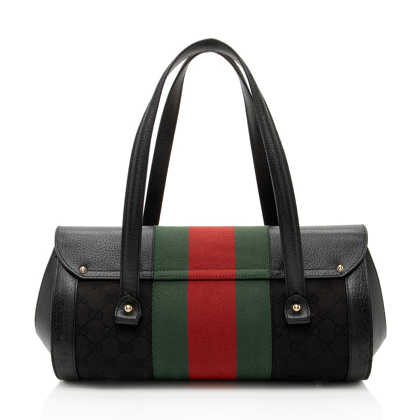 Gucci Studded Web Bamboo Bullet Leather Canvas Nylon Black Satchel Bag