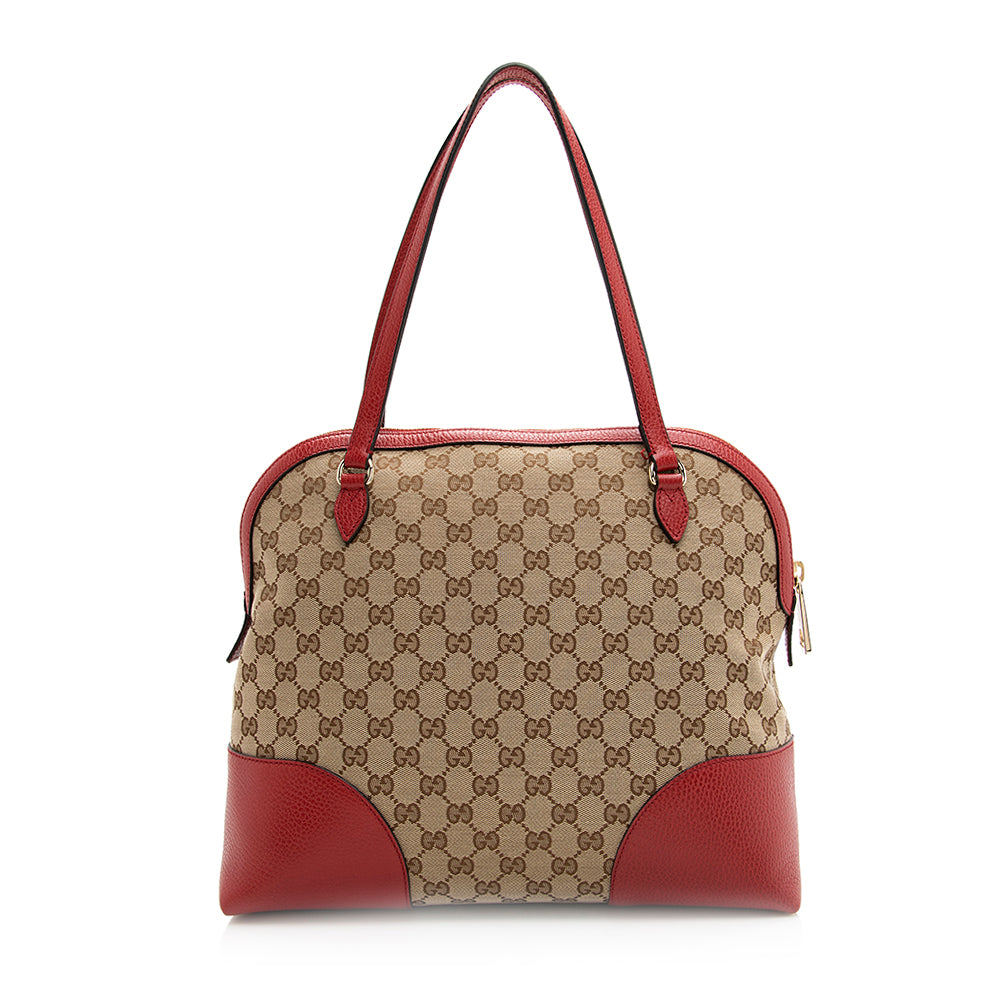 Gucci GG Bree Dome SHF Leather Canvas Beige Red Shoulder Bag