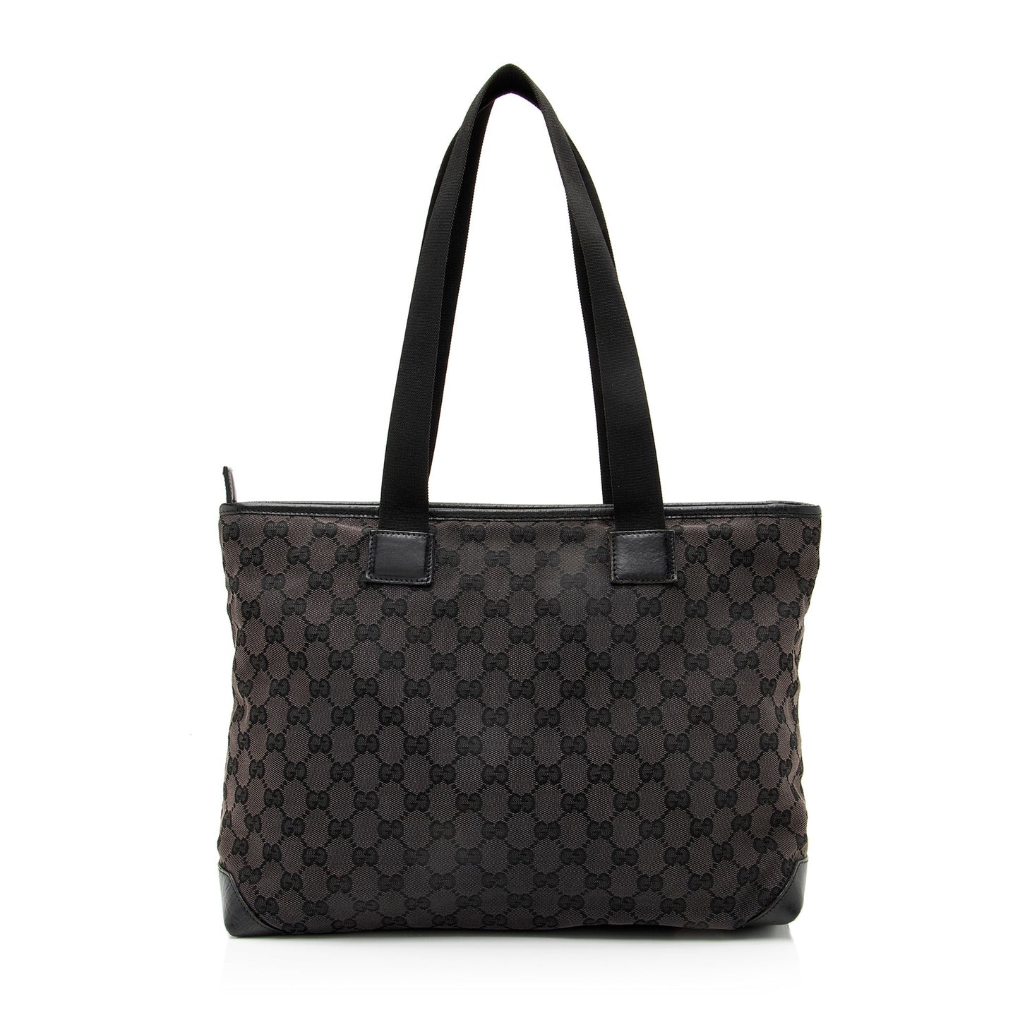 Gucci GG Front Pocket E W Leather Canvas Nylon Black Tote Bag