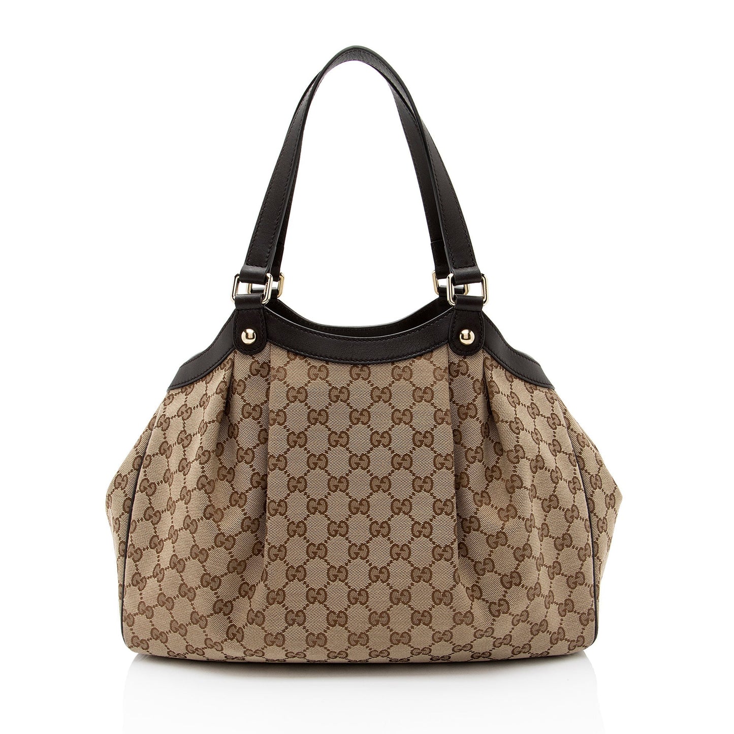 Gucci GG Pleated Leather Canvas Brown Beige Tote Bag