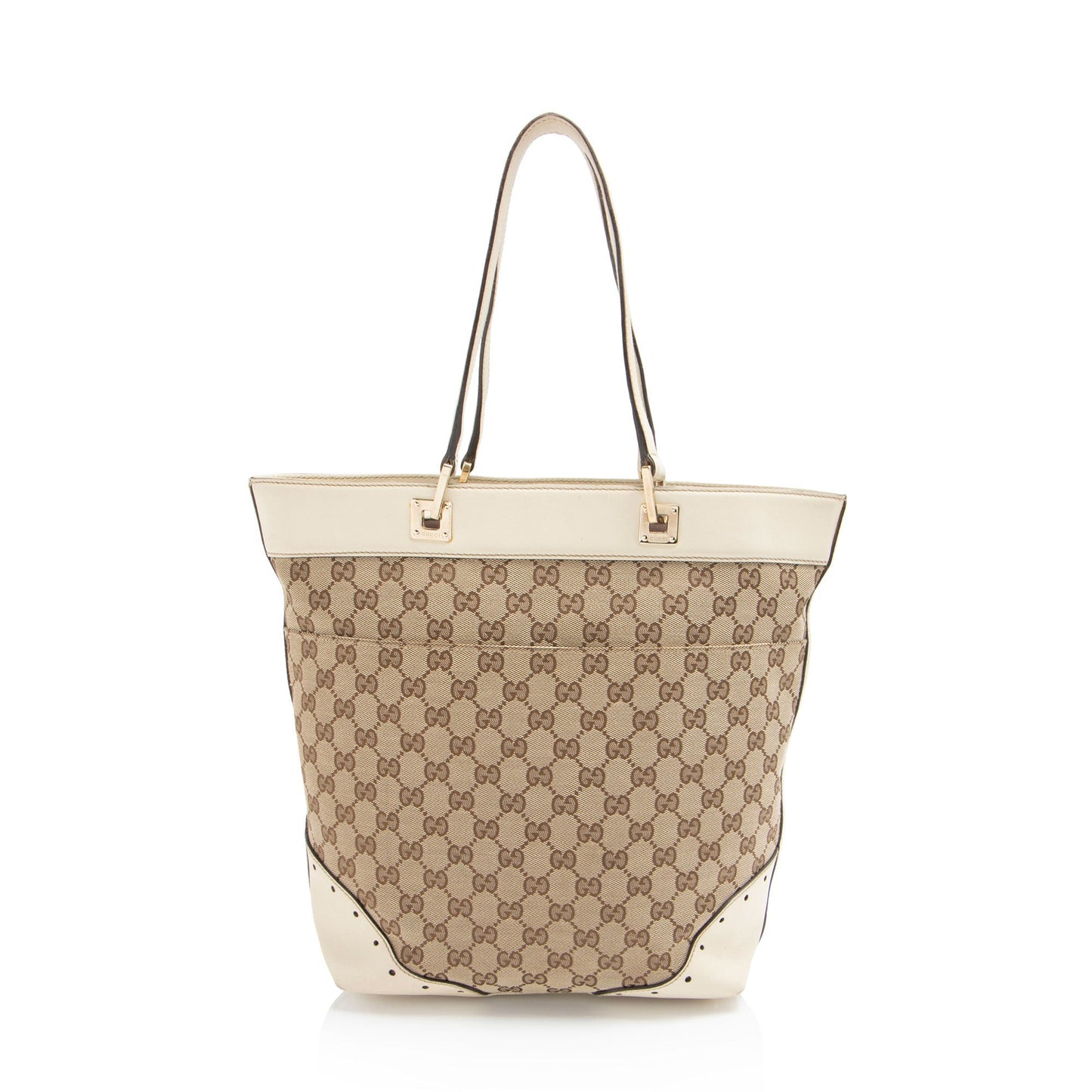 Gucci GG Punch Leather Canvas White Brown Tote Bag