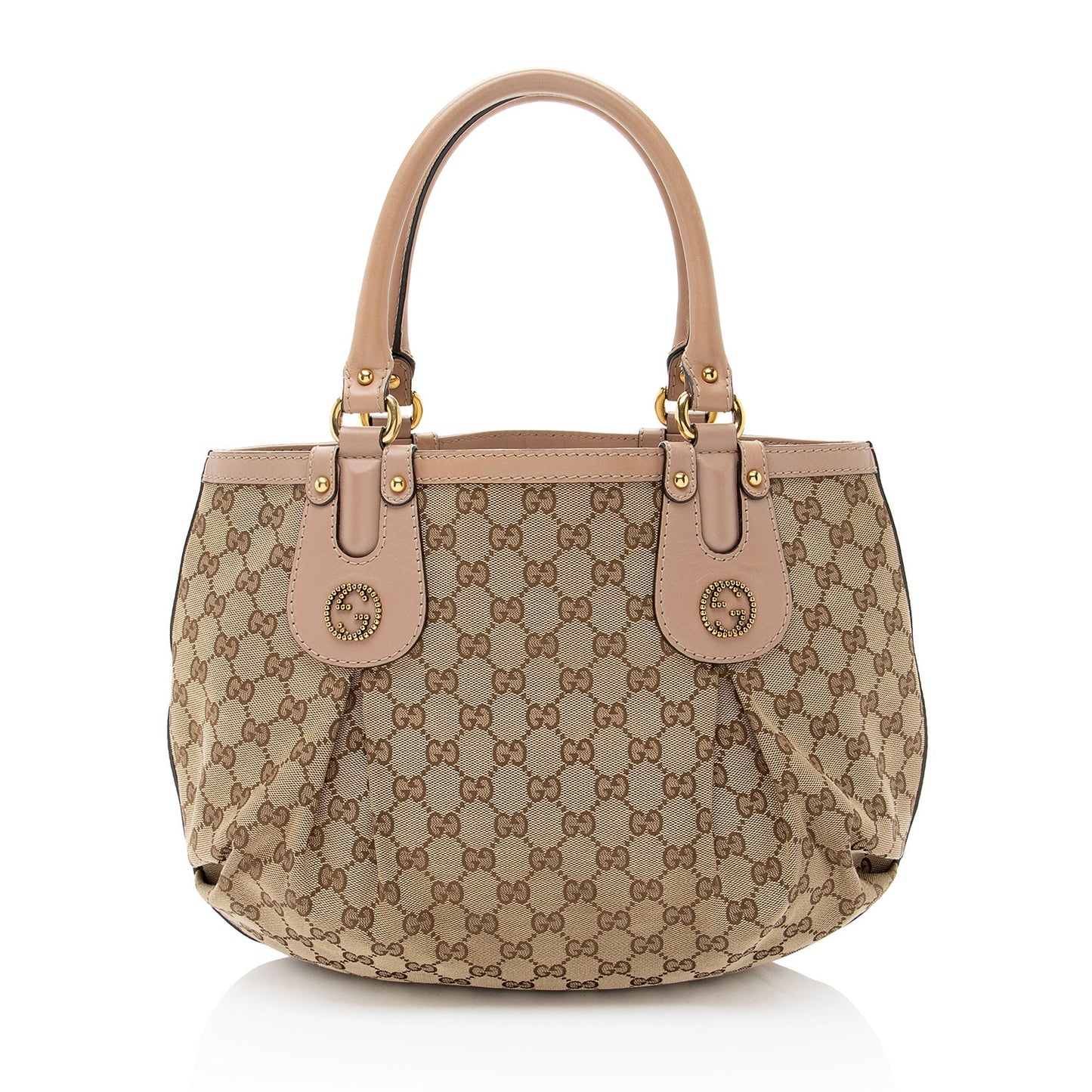 Gucci GG Studded Scarlett Leather Canvas Brown Pink Tote Bag