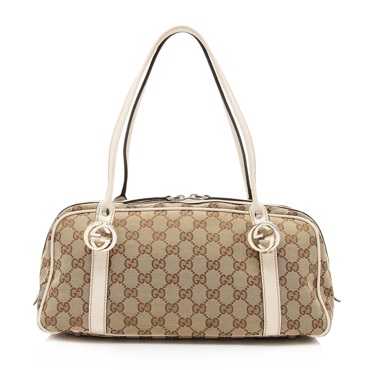 Gucci GG Twins Boston SHF-SVoyHp Leather Canvas White Beige Satchel Bag