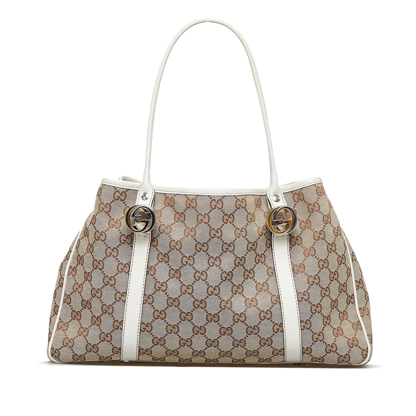 Gucci GG Twins SHG-04seb8 Canvas Calf White Brown Tote Bag