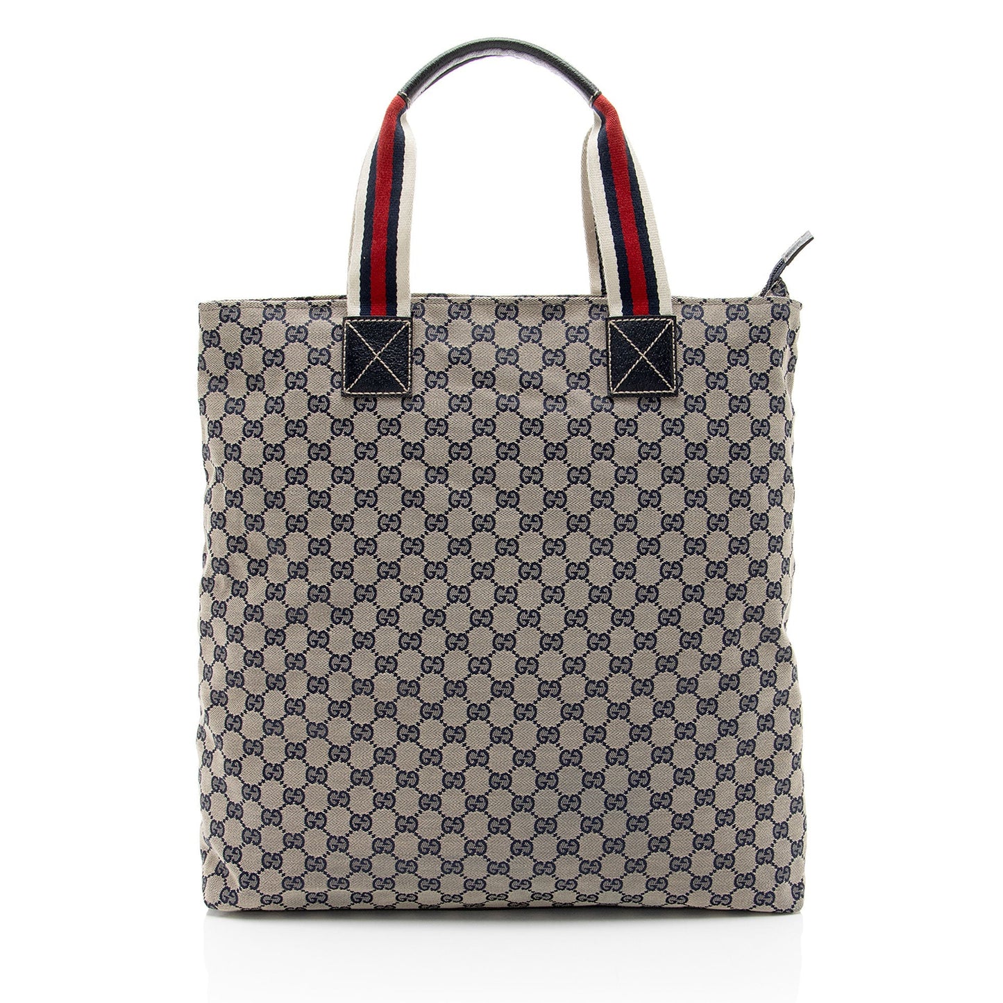 Gucci GG Web N S Leather Canvas Nylon Brown Tote Bag