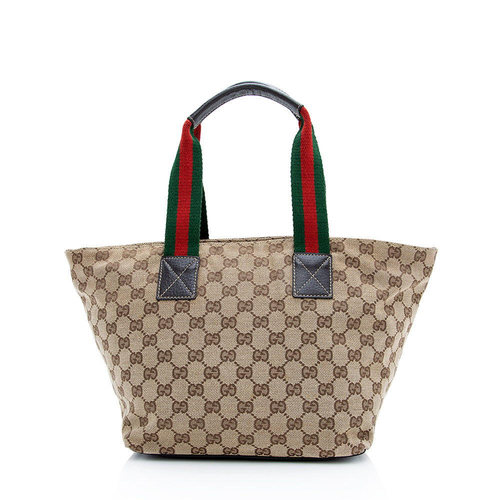 Gucci GG Web SHF Leather Canvas Brown Beige Tote Bag
