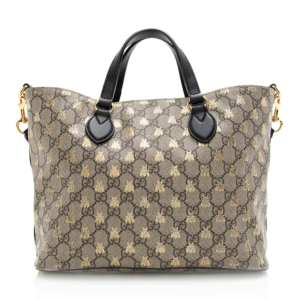 Gucci GG Supreme Bee Soft SHF Leather Canvas Black Beige Tote Bag