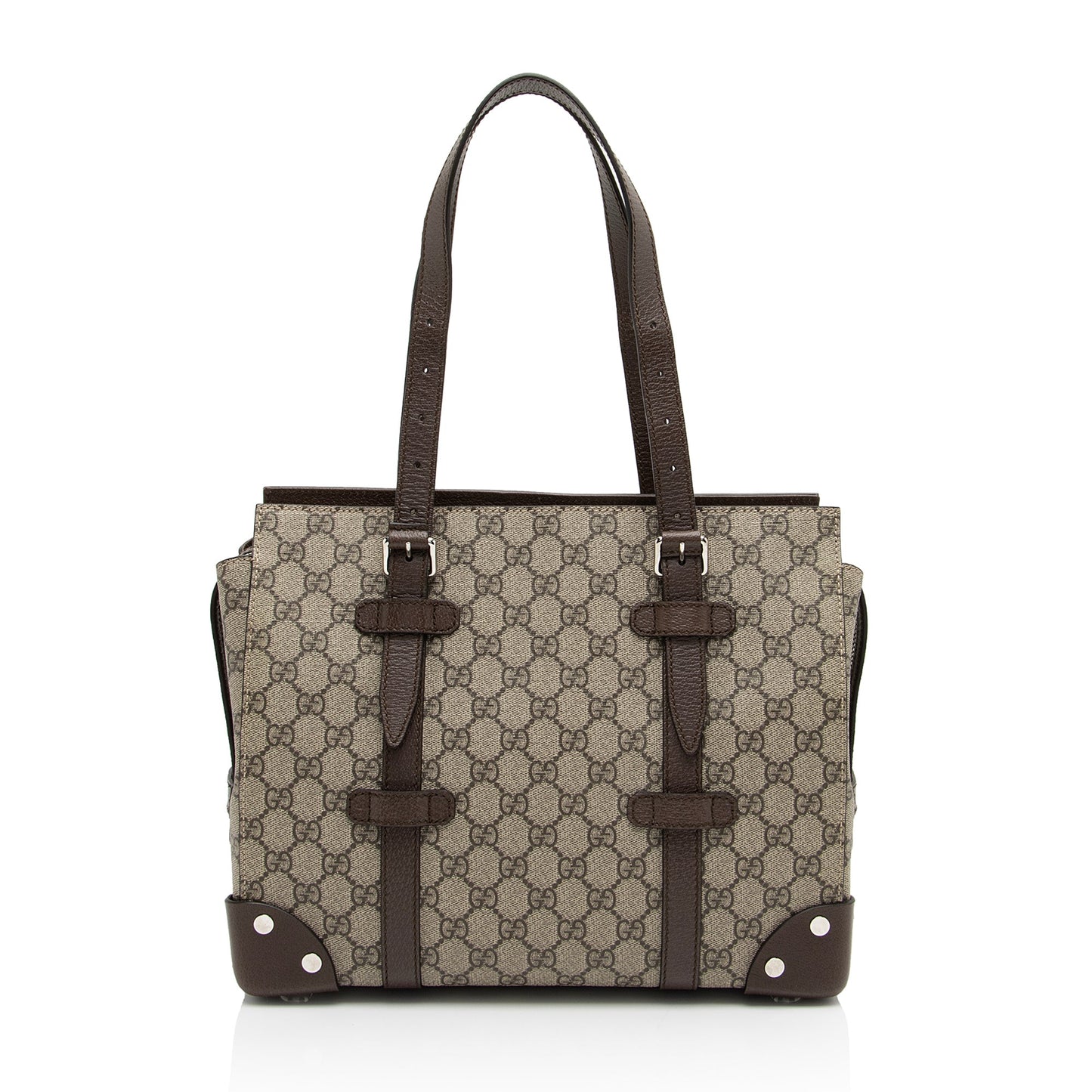 Gucci GG Supreme Buckle SHF-2EWGYl Leather Canvas Brown Beige Tote Bag