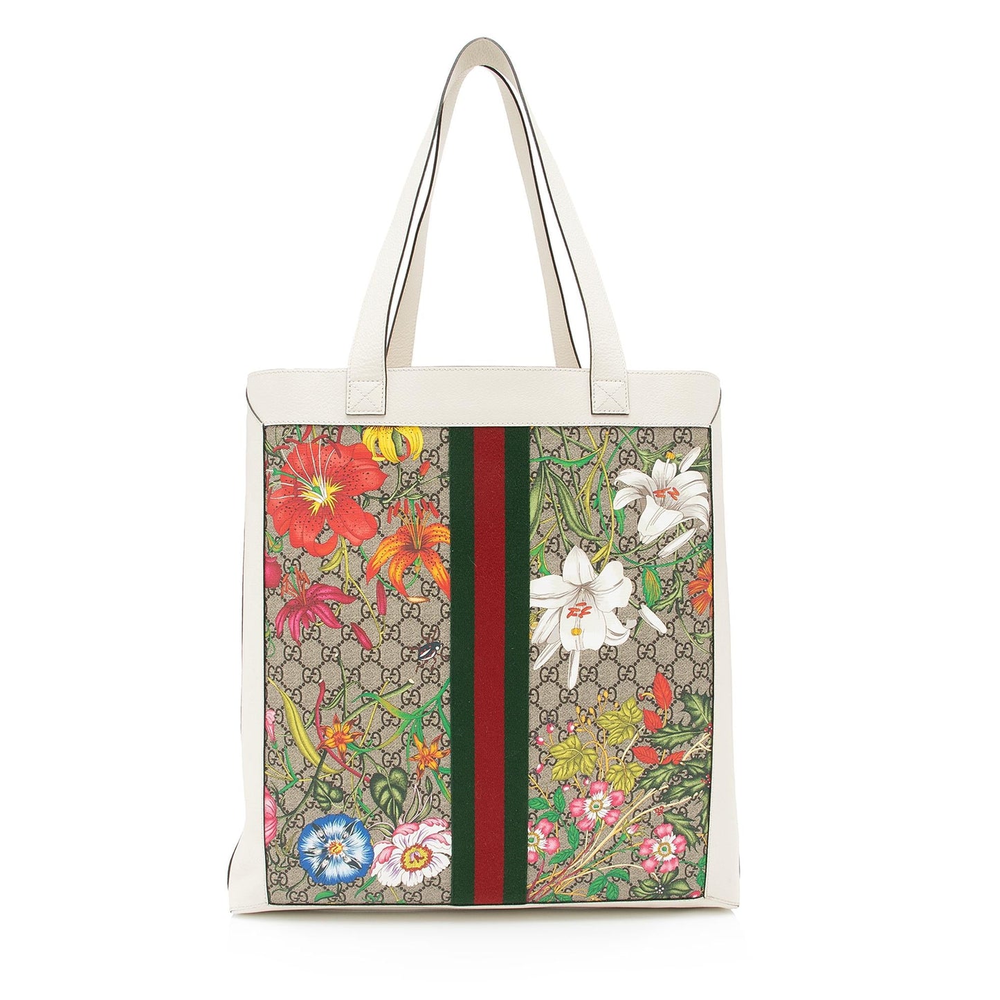 Gucci GG Supreme Flora Ophidia Vertical Leather Nylon White Beige Tote Bag Shf 0C0Gj1