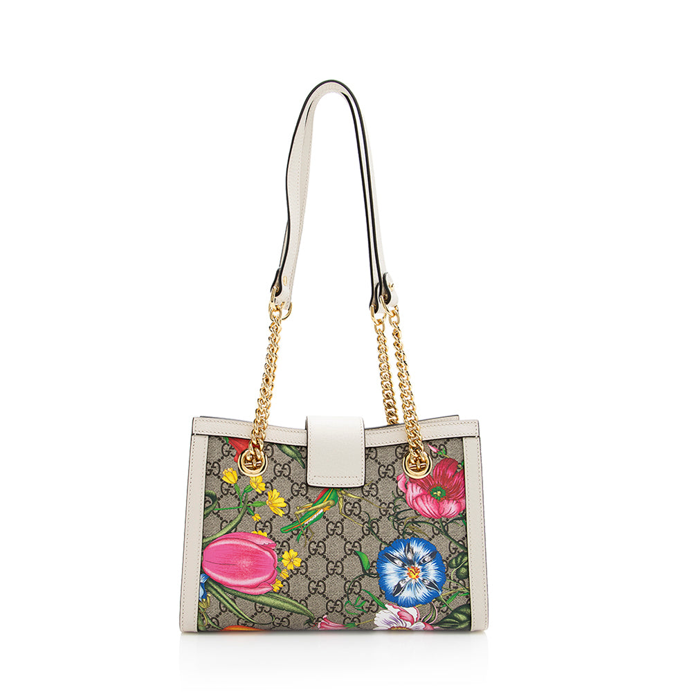 Gucci GG Supreme Flora SHF Leather Canvas White Beige Tote Bag