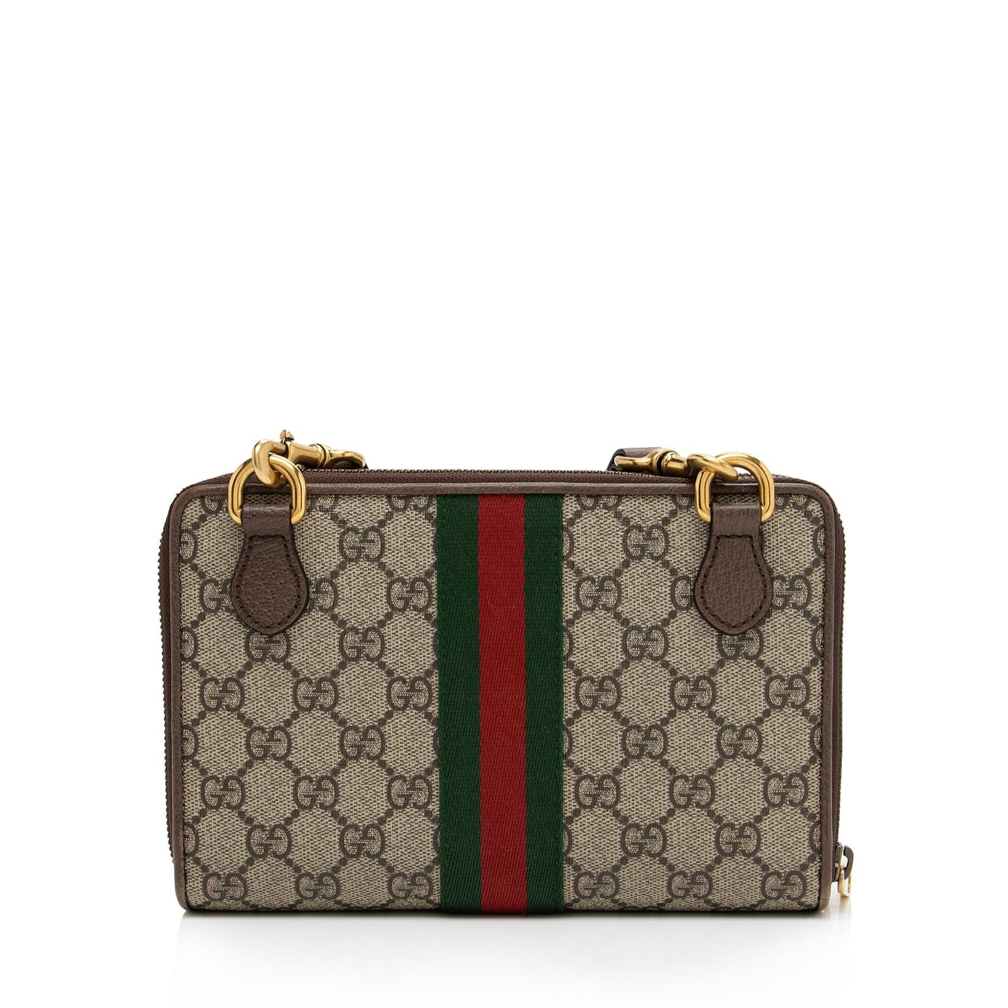 Gucci GG Supreme Ophidia Double Zip Leather Canvas Brown Beige Crossbody Bag