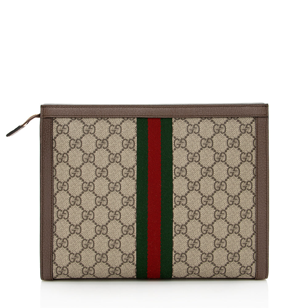 Gucci GG Supreme Ophidia Pouch SHF Leather Canvas Nylon Brown Clutch Bag