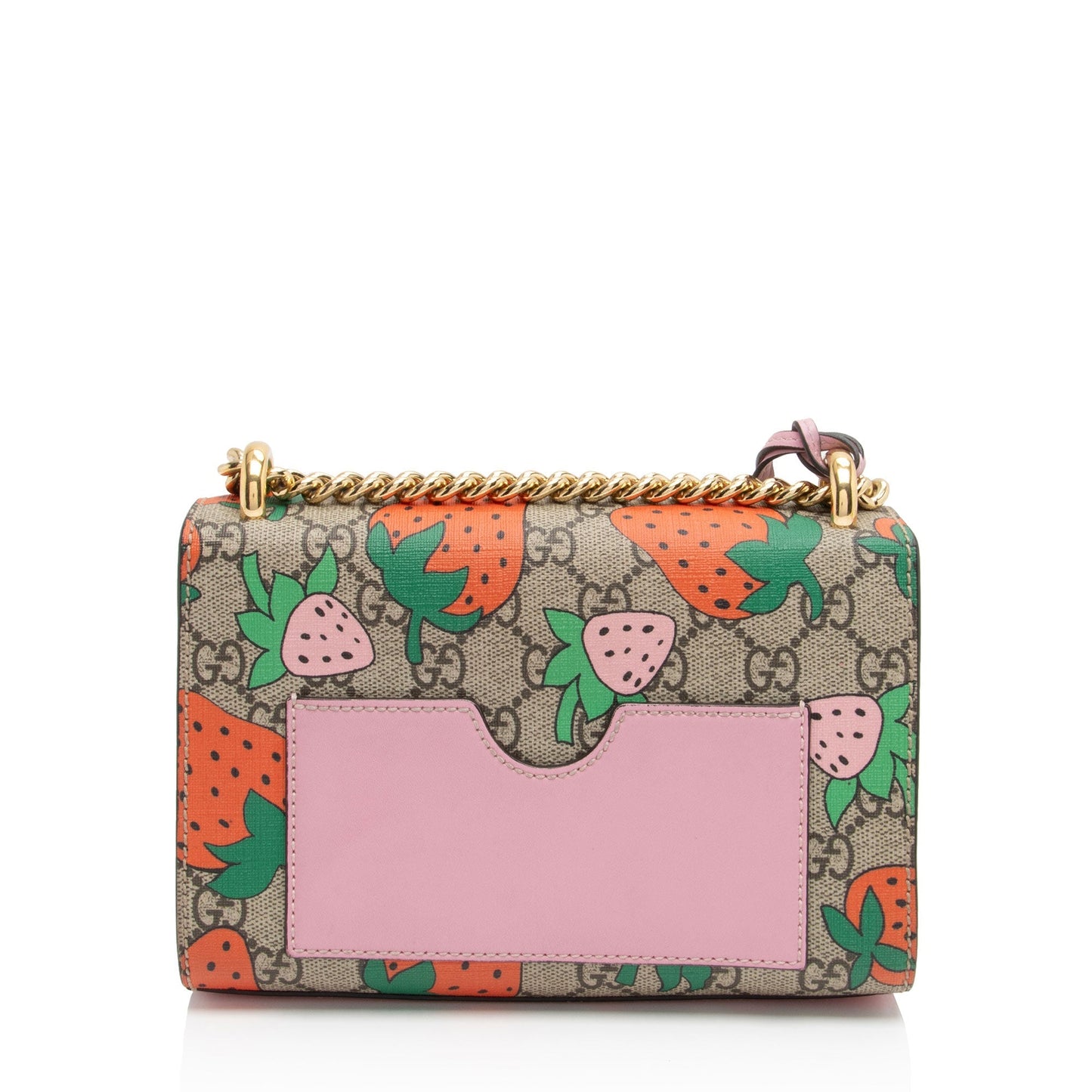 Gucci GG Supreme Strawberry Padlock Leather Canvas Beige Pink Crossbody Bag