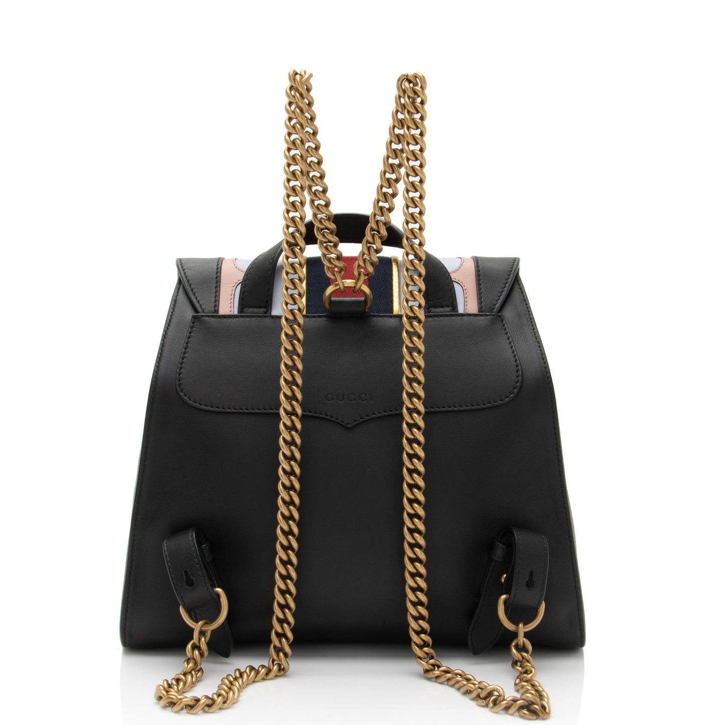 Gucci GG Marmont Web Flap Backpack Leather Nylon Black Chain Shoulder Bag Shf Eijj7M