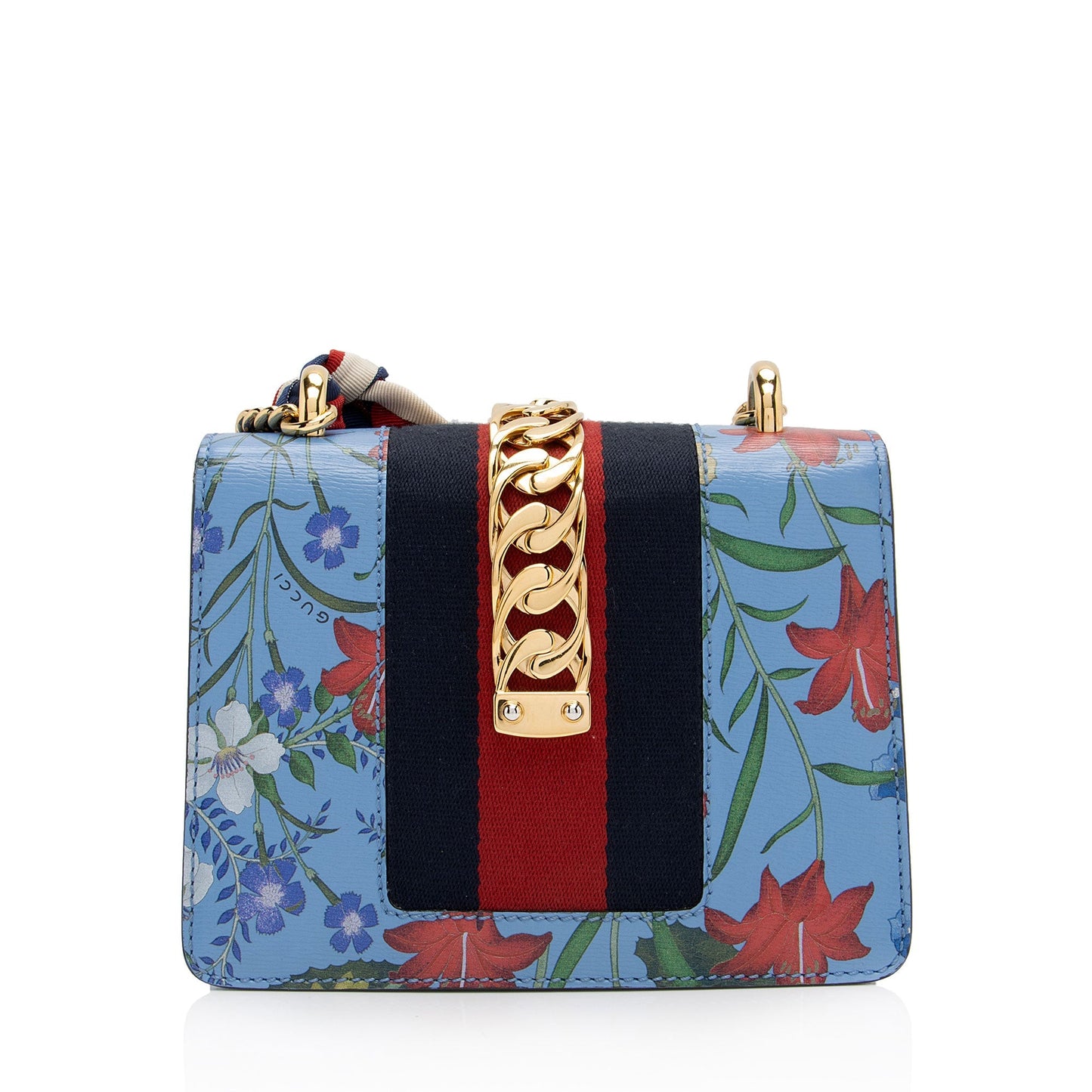 Gucci New Flora Sylvie Chain SHF-Yl1uiM Leather Nylon Blue Mini Shoulder Bag