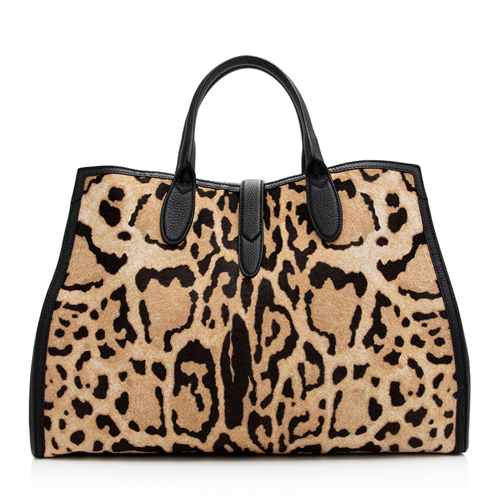 Gucci Leopard Hair Jackie SHF Leather Calf Black Beige Tote Bag