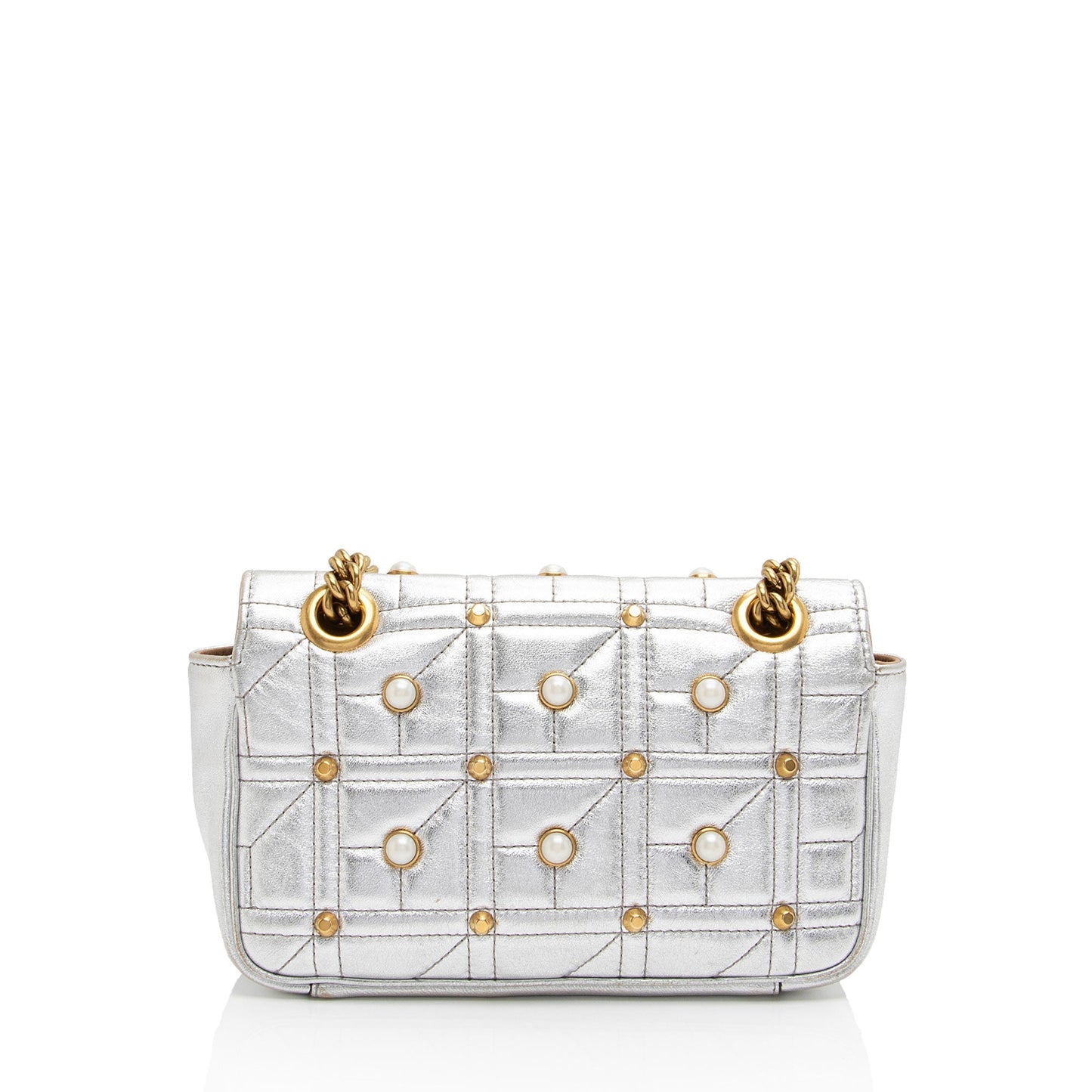 Gucci Metallic Pearl GG Marmont Flap Matelasse Leather Silver Mini Crossbody Bag Shf Pmv358