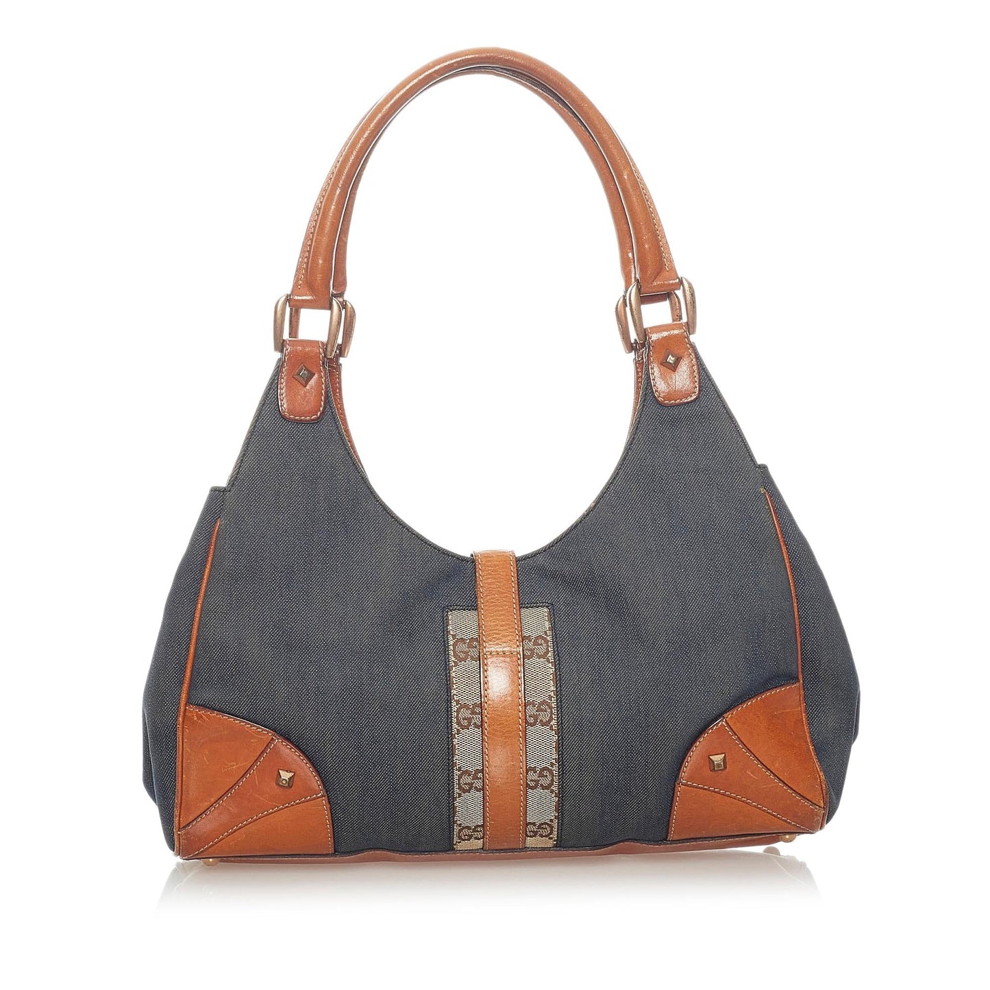 Gucci Nailhead New Jackie SHG Denim Calf Brown Blue Shoulder Bag