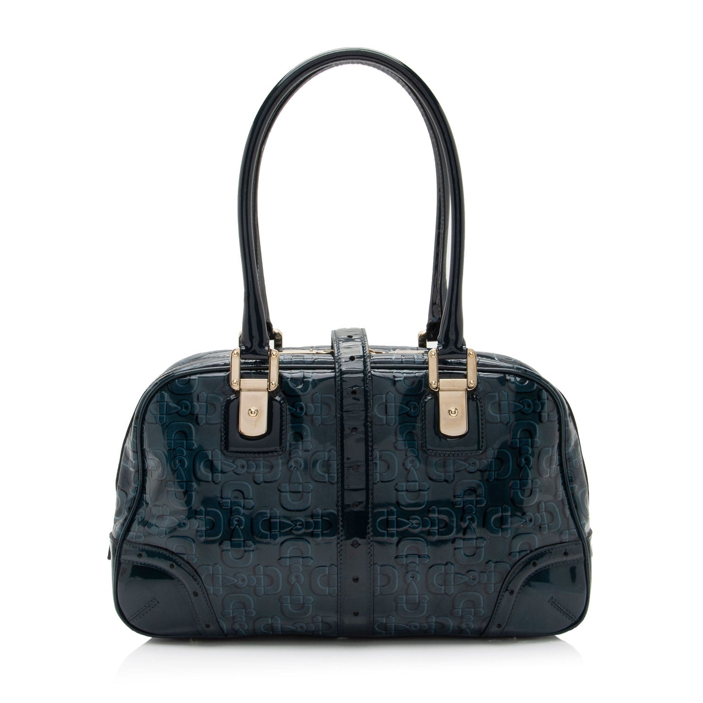 Gucci Embossed Horsebit Leather Patent Blue Satchel Bag