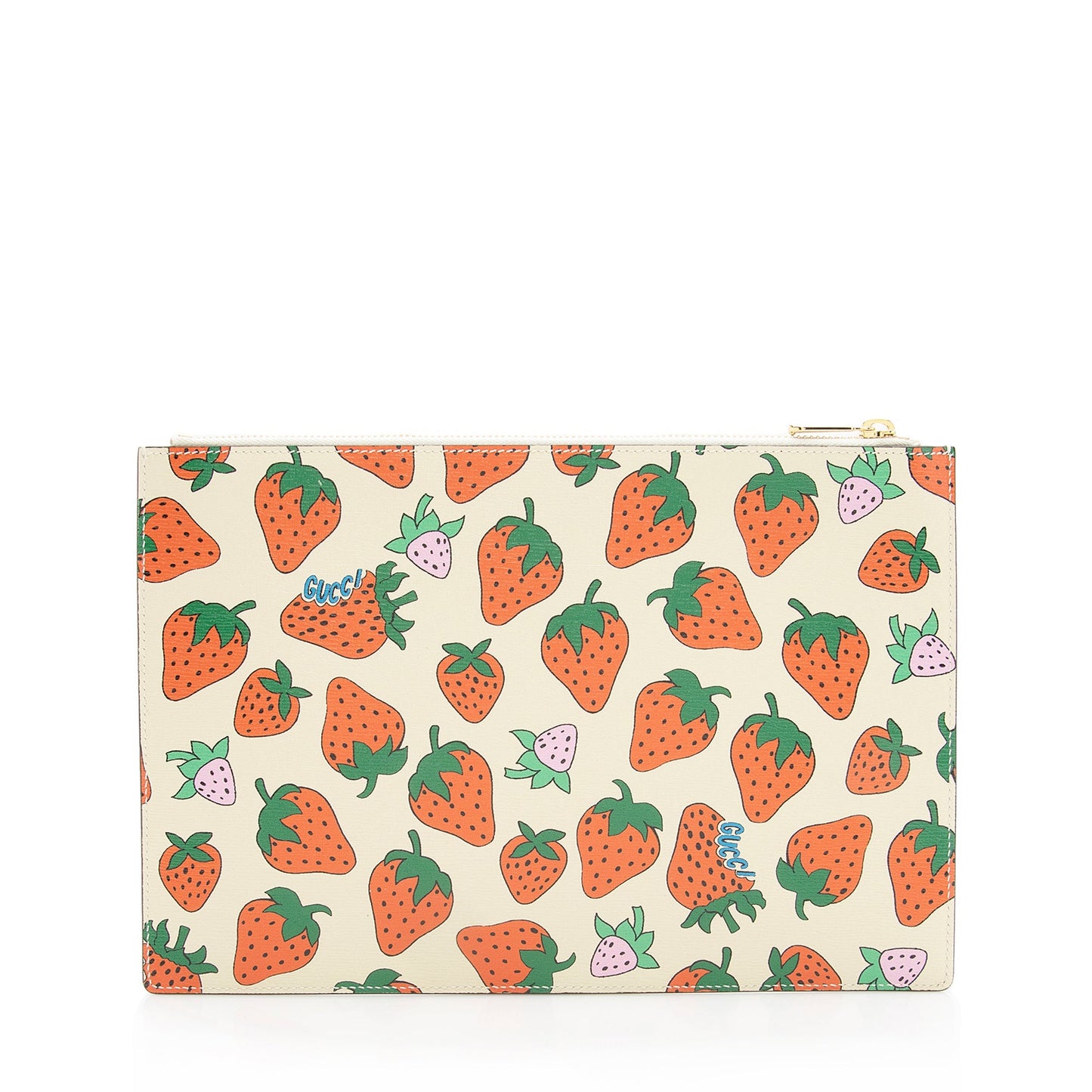 Gucci Printed Strawberry Zumi Pouch SHF Leather Beige Red Clutch Bag