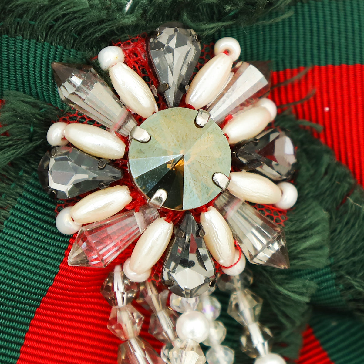 Gucci Bicolor Grosgrain Web Pearl Crystal Bow Brooch