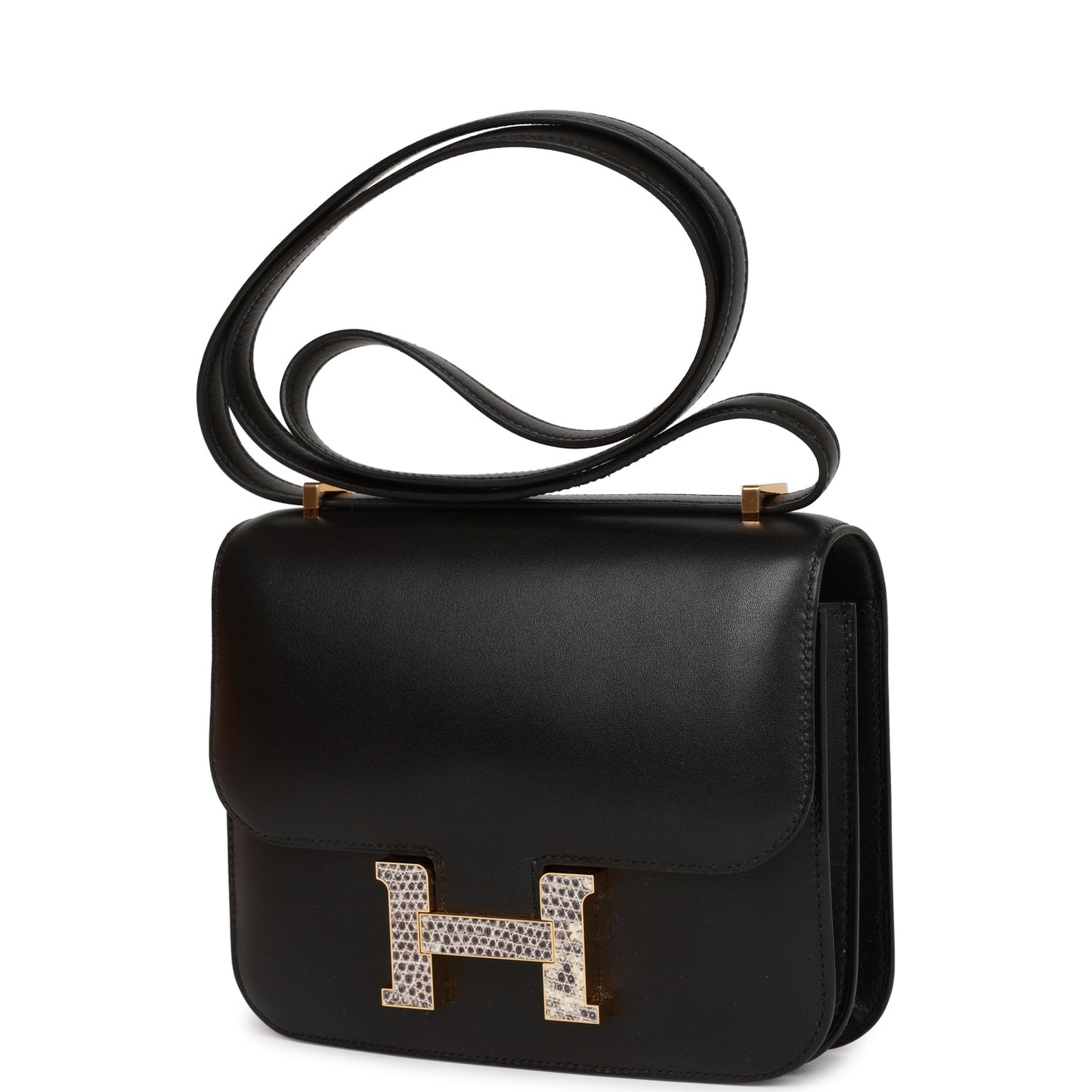 Hermes Constance Tadelakt And Lizard Hardware Crossbody Bag Black Gold