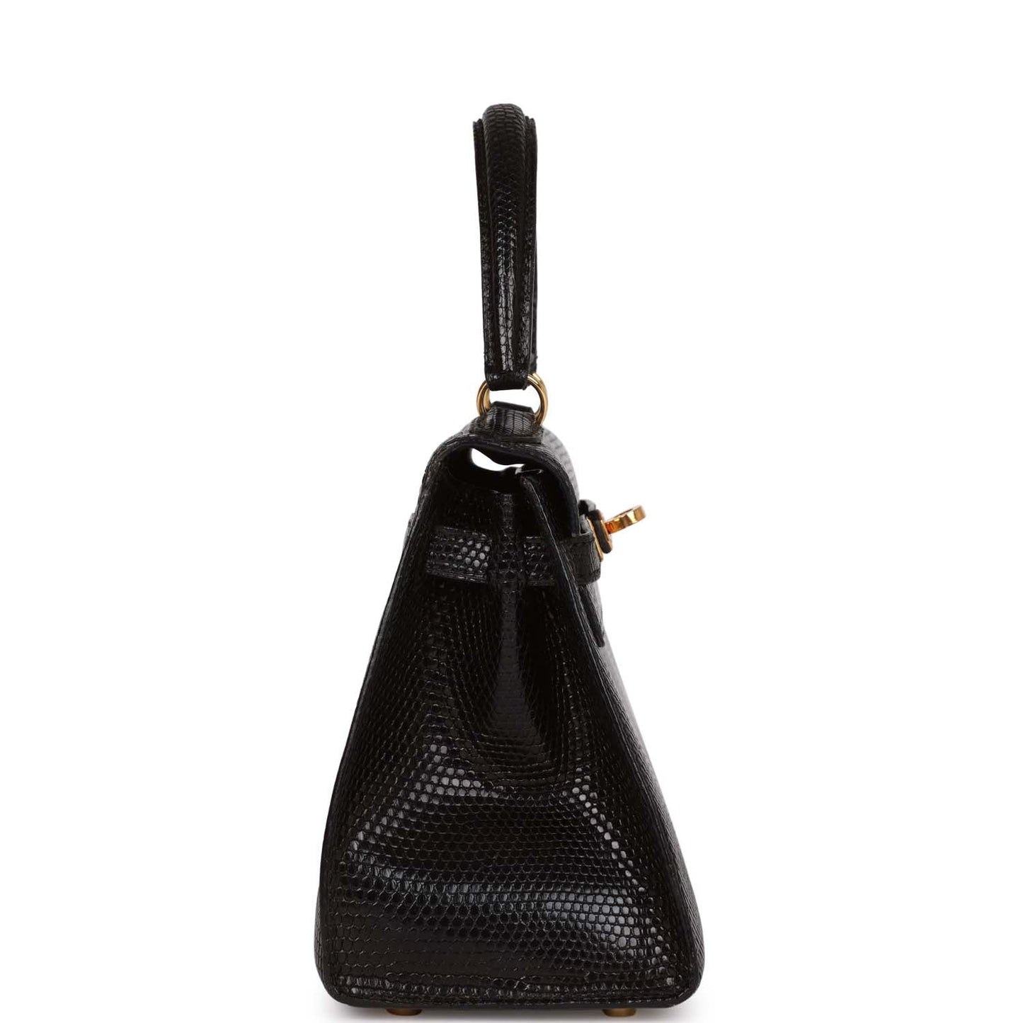Hermes Luxury Kelly Sellier Lizard Hardware Handbag Black Gold Travel Bag