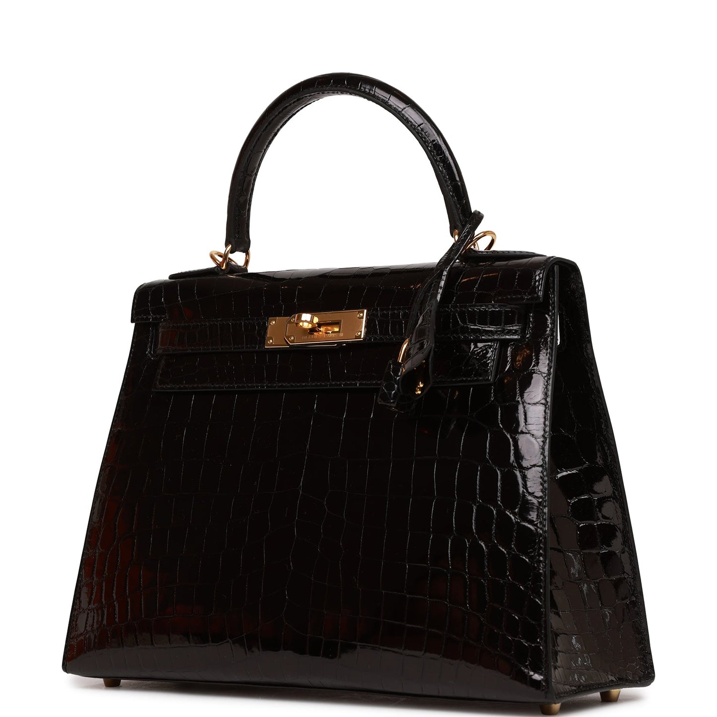 Hermes Kelly Sellier Shiny Niloticus Crocodile Hardware Handbag Black Gold Travel Bag Gold Hardware