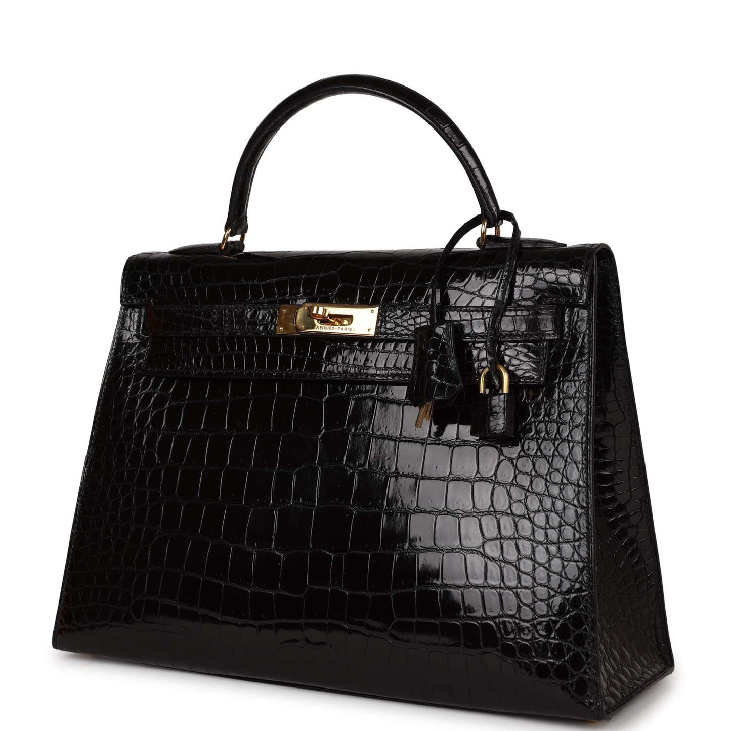 Hermes Kelly Sellier Shiny Niloticus Crocodile Hardware Handbag Black Gold Travel Bag