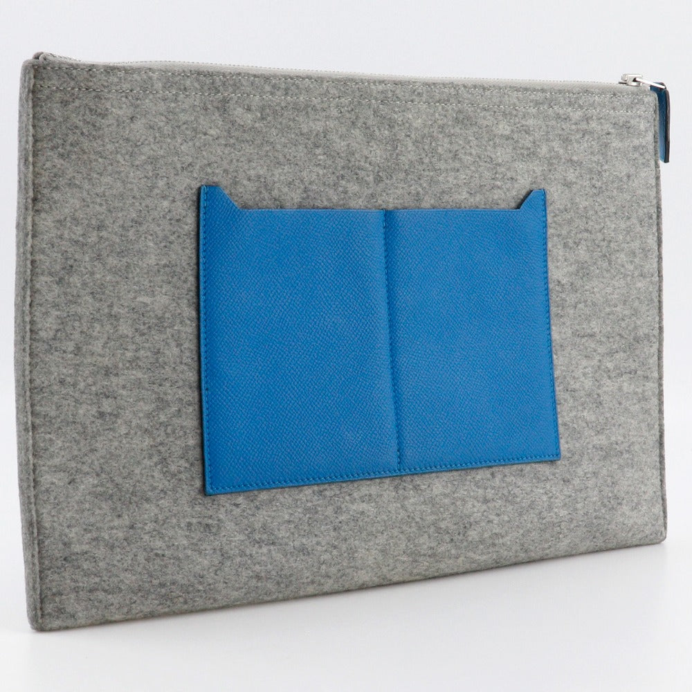 Hermes Clutch Bag Felt Epsom Too Doo Unisex Unisex Blue Gray