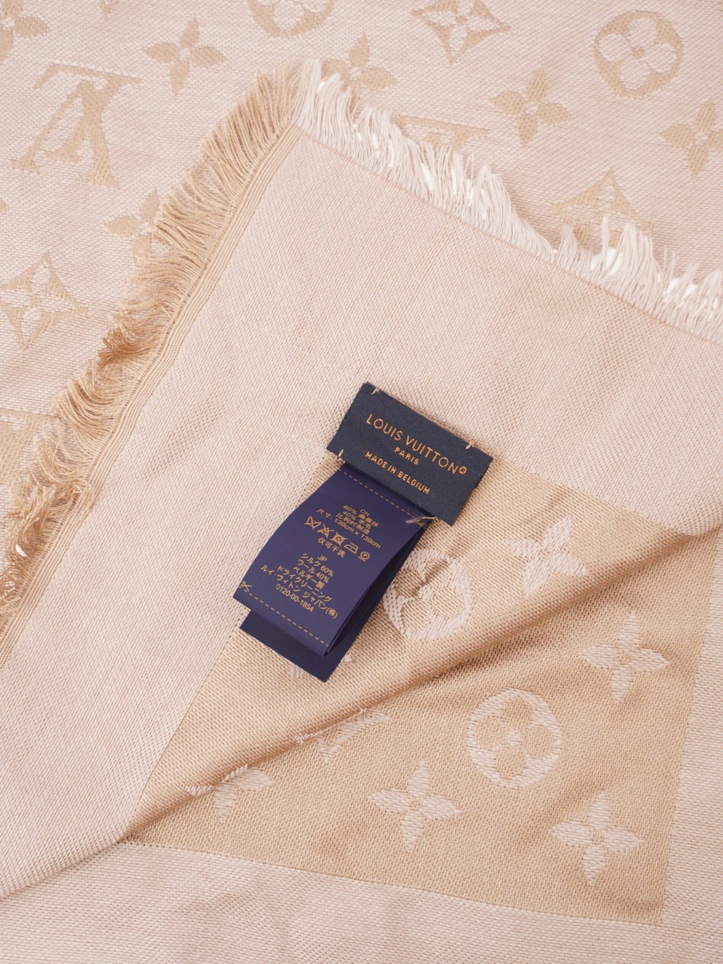Louis Vuitton Shawl Silk 139cm x 139cm Monogram Beige Scarf