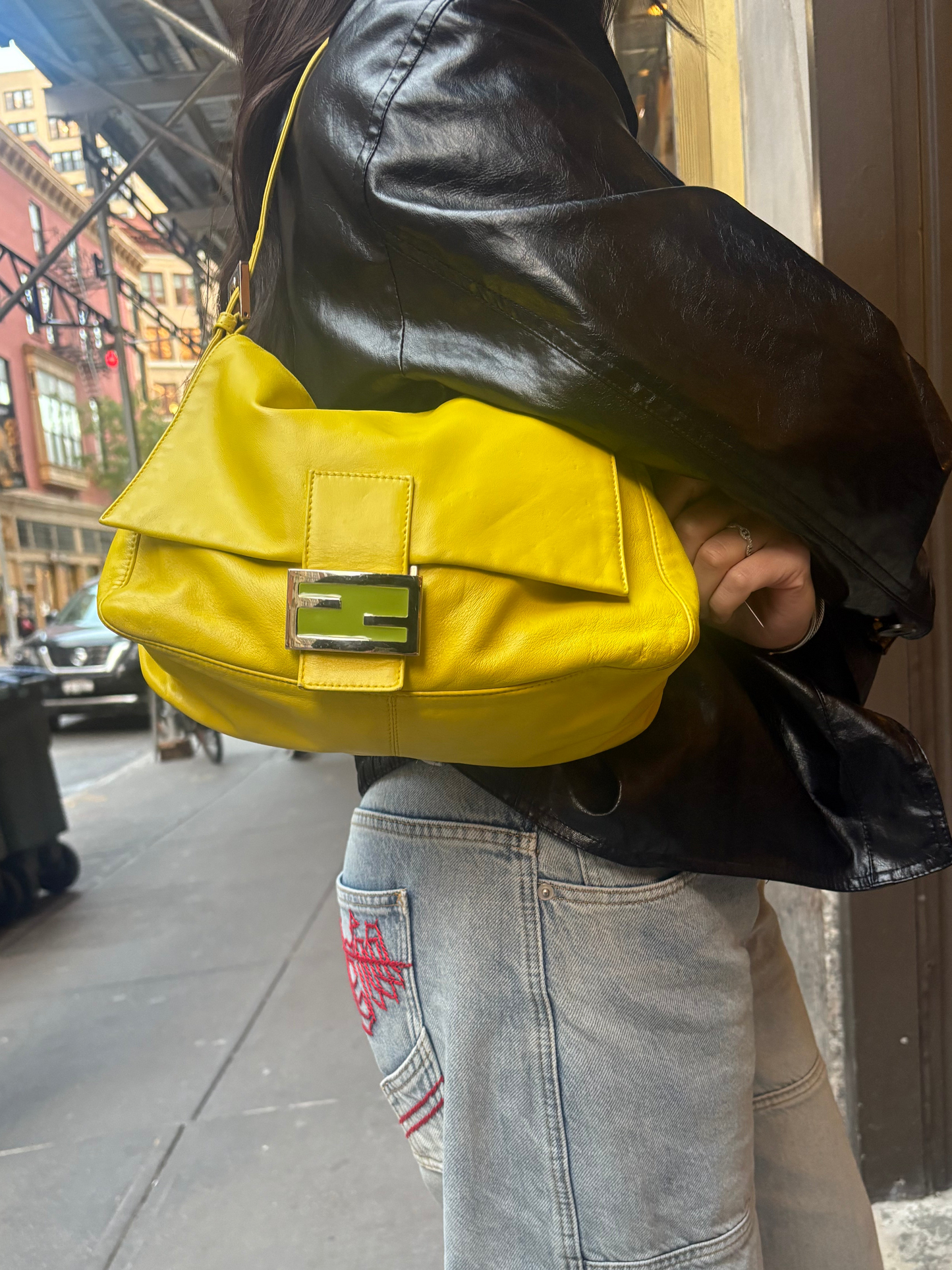Fendi Handbag Mamma Baguette Leather Yellow Shoulder Bag