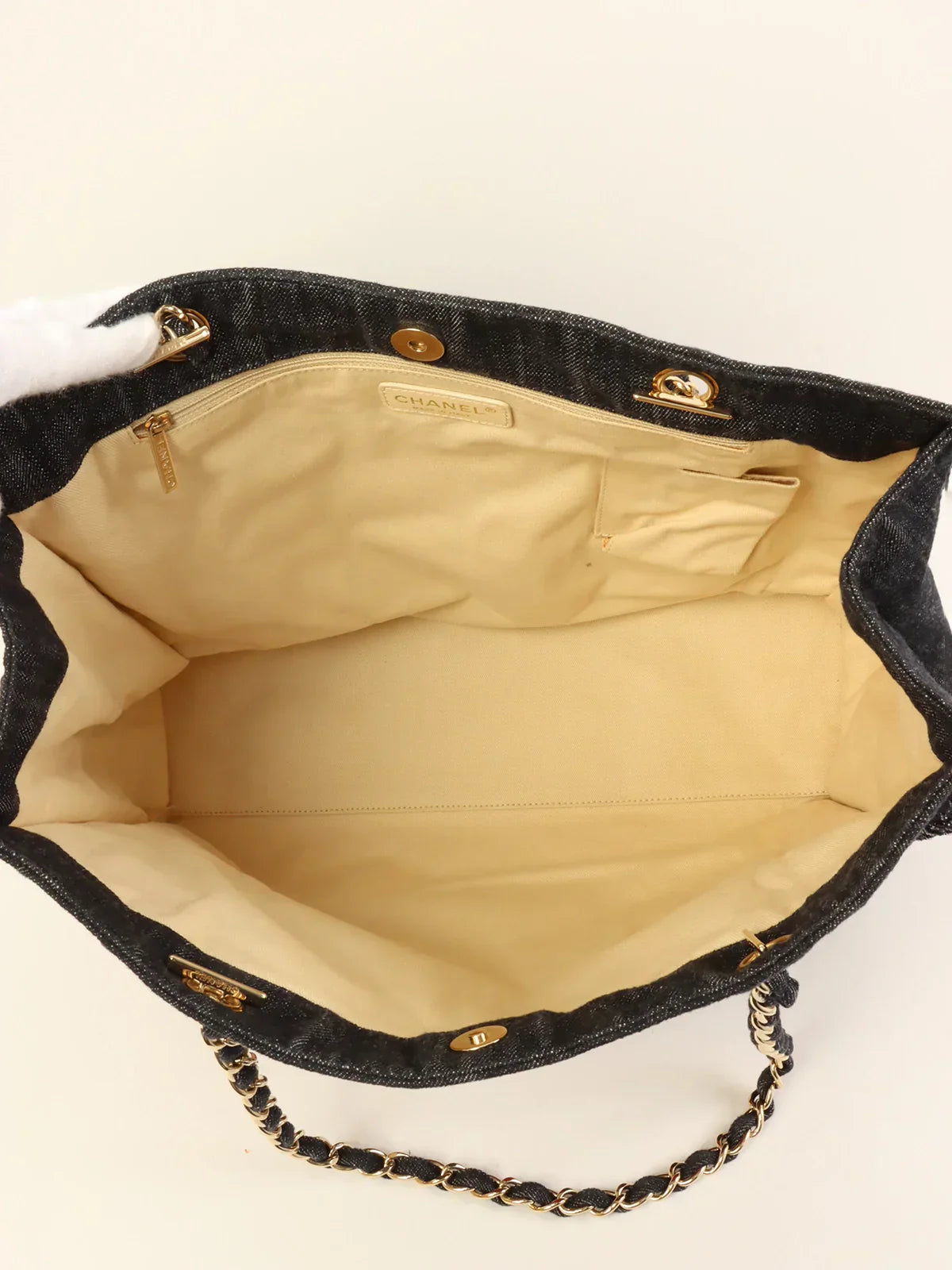 Chanel Around Made Denim Airplane Cc Mark Embroidered Chain Tote Bag Indigo