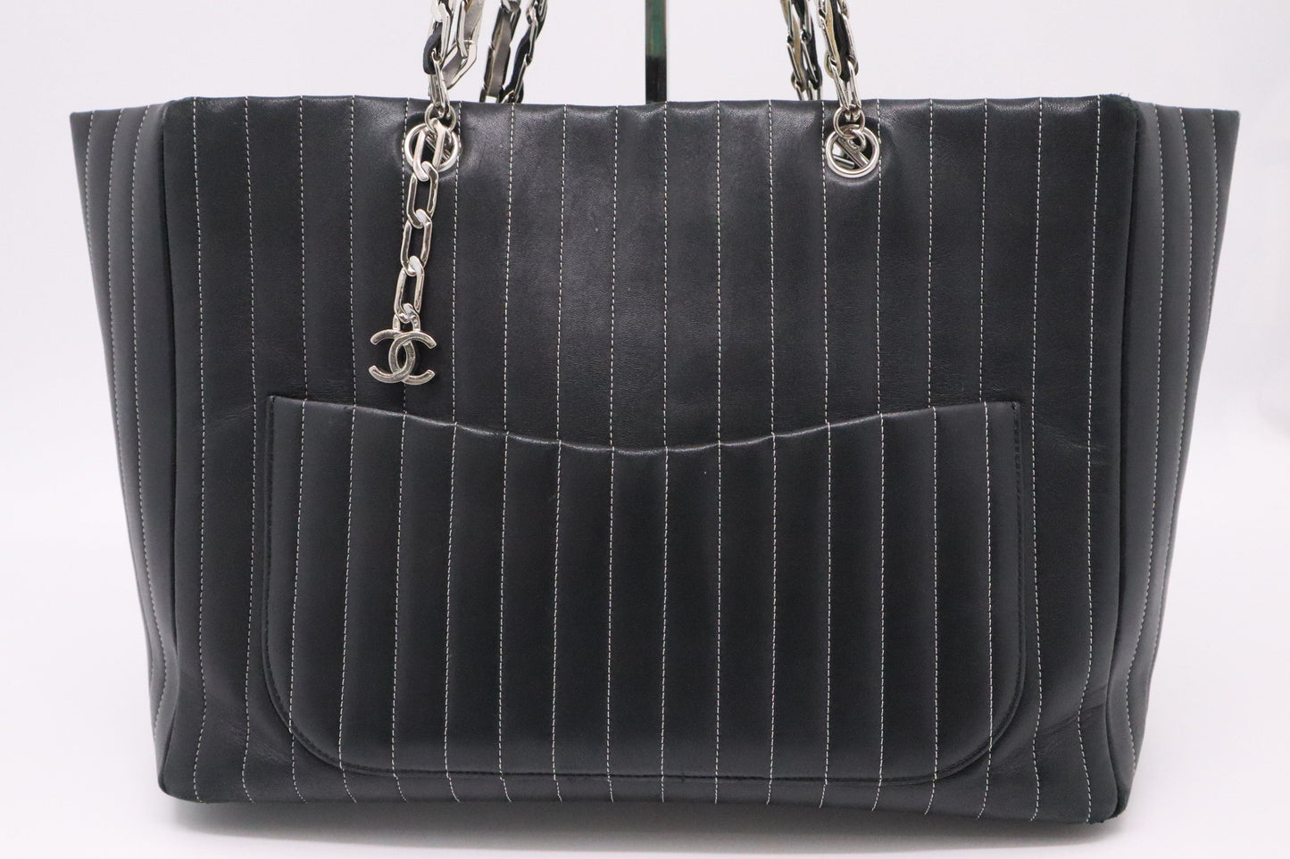 Chanel Mademoiselle Striped Black Leather Tote Bag
