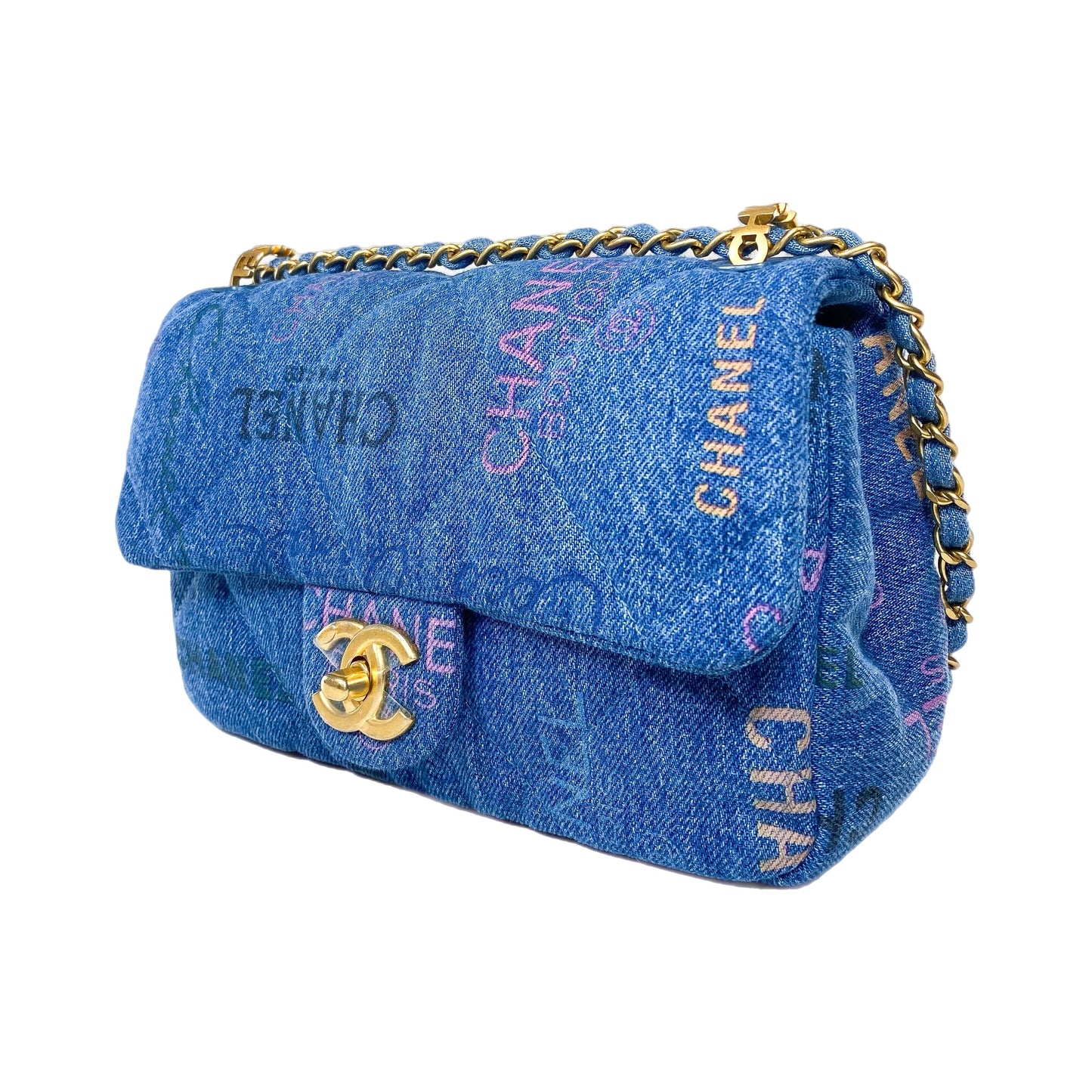 Chanel Logo Printed Denim Mood Rectangular Flap Bag