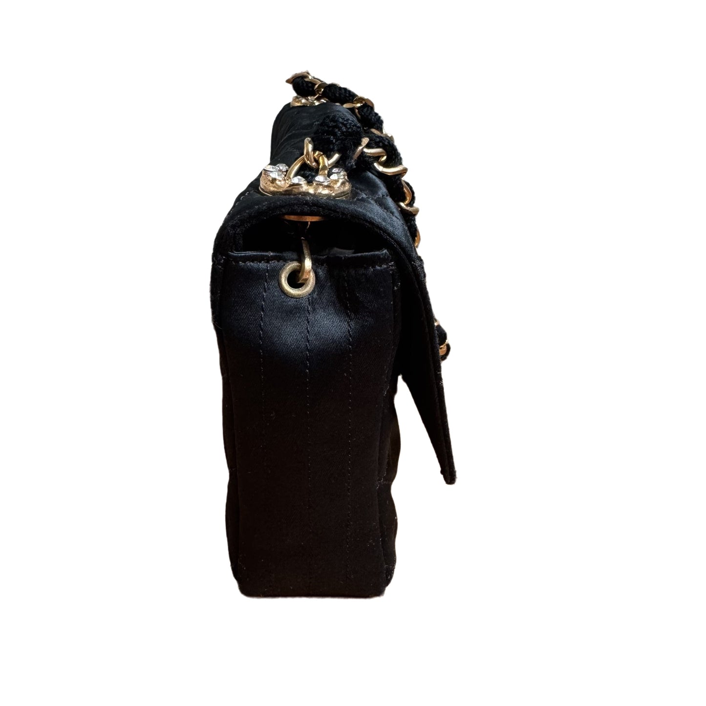 Chanel Classic Flap Silk Satin Gem CC Black Silver Crossbody Bag
