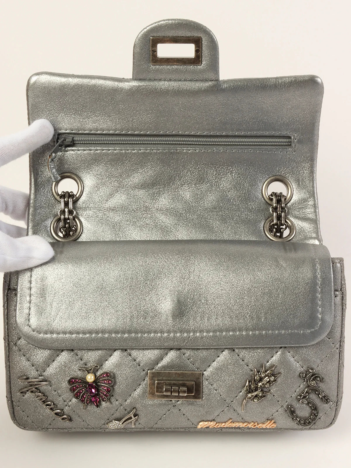 Chanel Around Made . Icon Charm Chain Bag Mini Metallic Silver