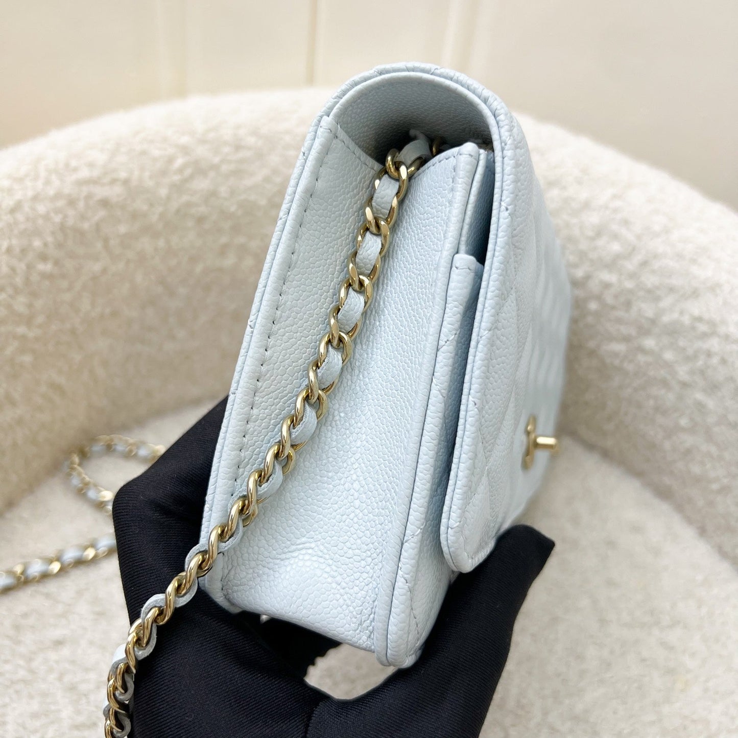 Chanel Classic Wallet on Chain WOC in 25S Baby Blue Caviar and LGHW