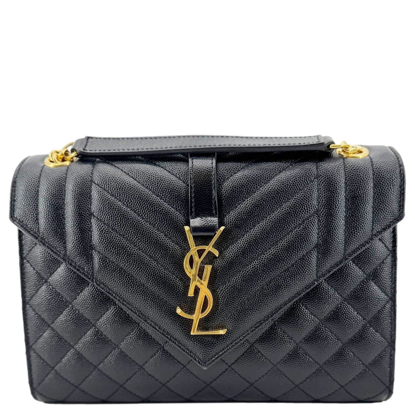 YSL Saint Laurent Yves Envelope Caviar Shoulder Bag Leather Quilted Black