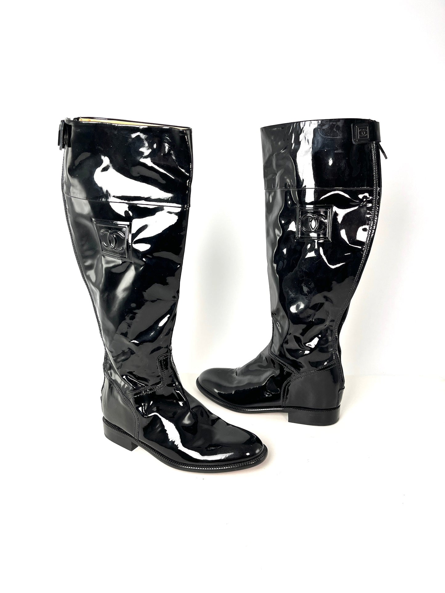 Chanel CC Logo Patent Leather Black Long Flat Boots 37.5 7 for Women
