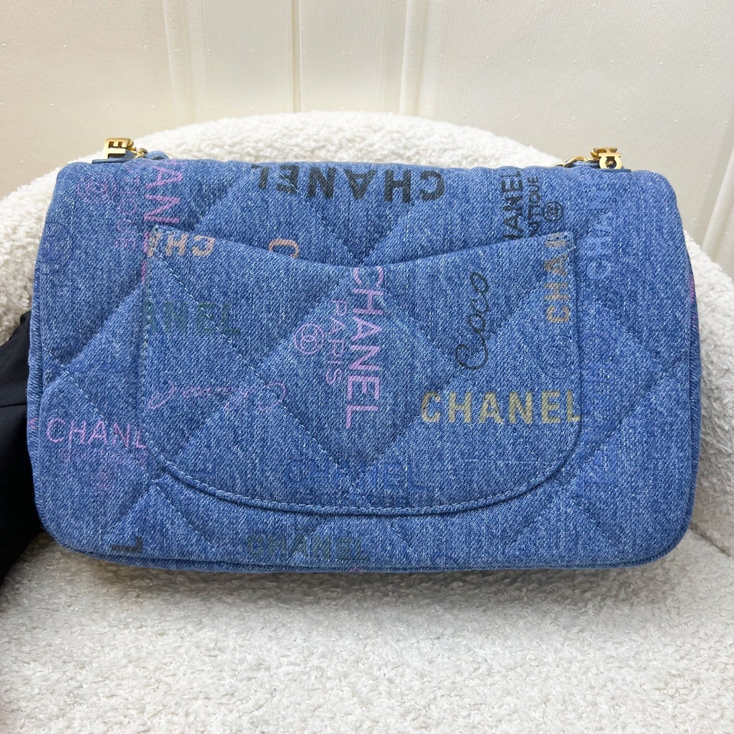Chanel 22P Denim Mood Medium Flap Bag in Blue Printed Denim and AGHW (Model: AS3135)