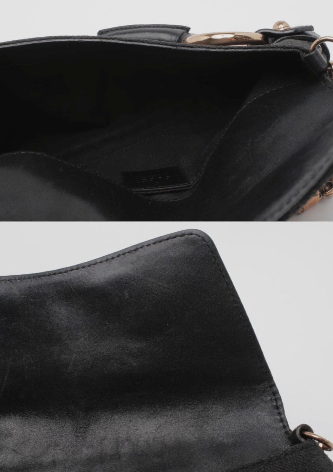 Gucci Horsebit Chain Shoulder Bag With Silk Stripe Monogram Black
