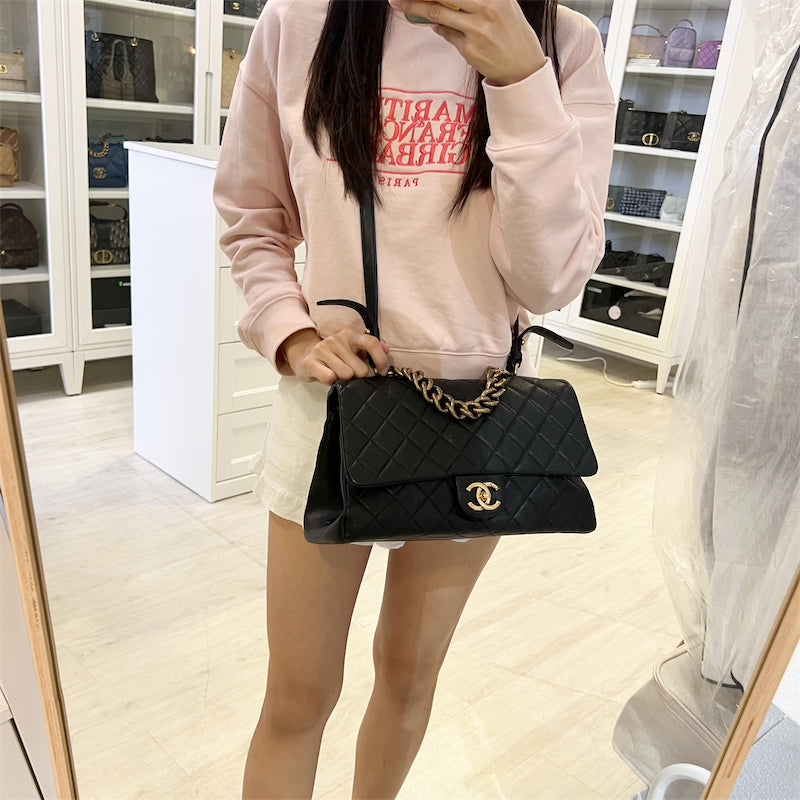 Chanel Large Trapezio Flap Bag in Black Calfskin and Aghw